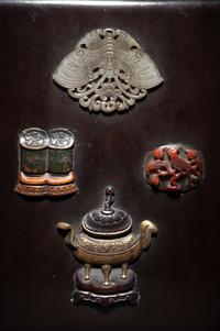 A Chinese Jade, Hardstone and Bronze Inset Lacquered Wood Covered Box