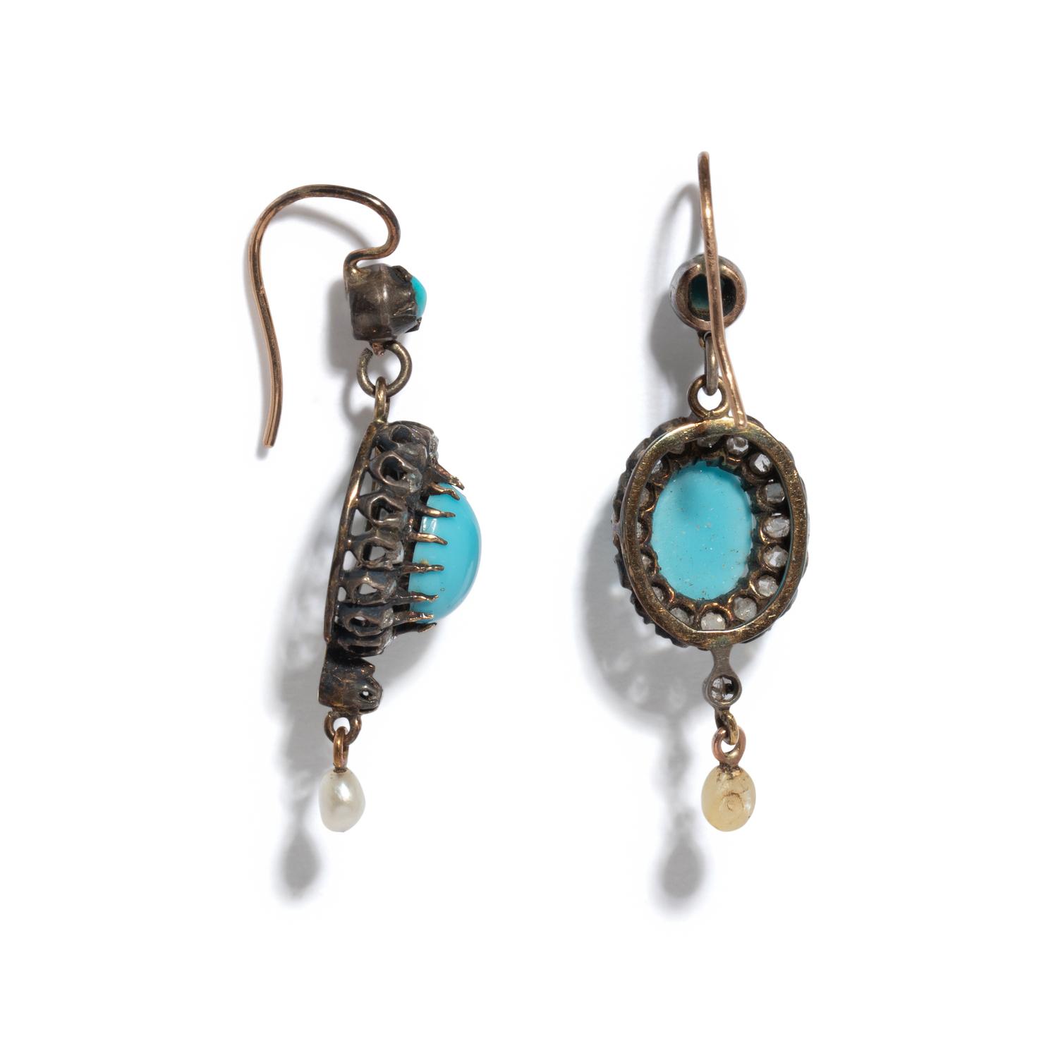 ANTIQUE, DIAMOND, TURQUOISE, AND SEED PEARL EARRINGS