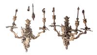 A Pair of Louis XV Style Bronze Three-Light Sconces, Height 16 1/4 inches.