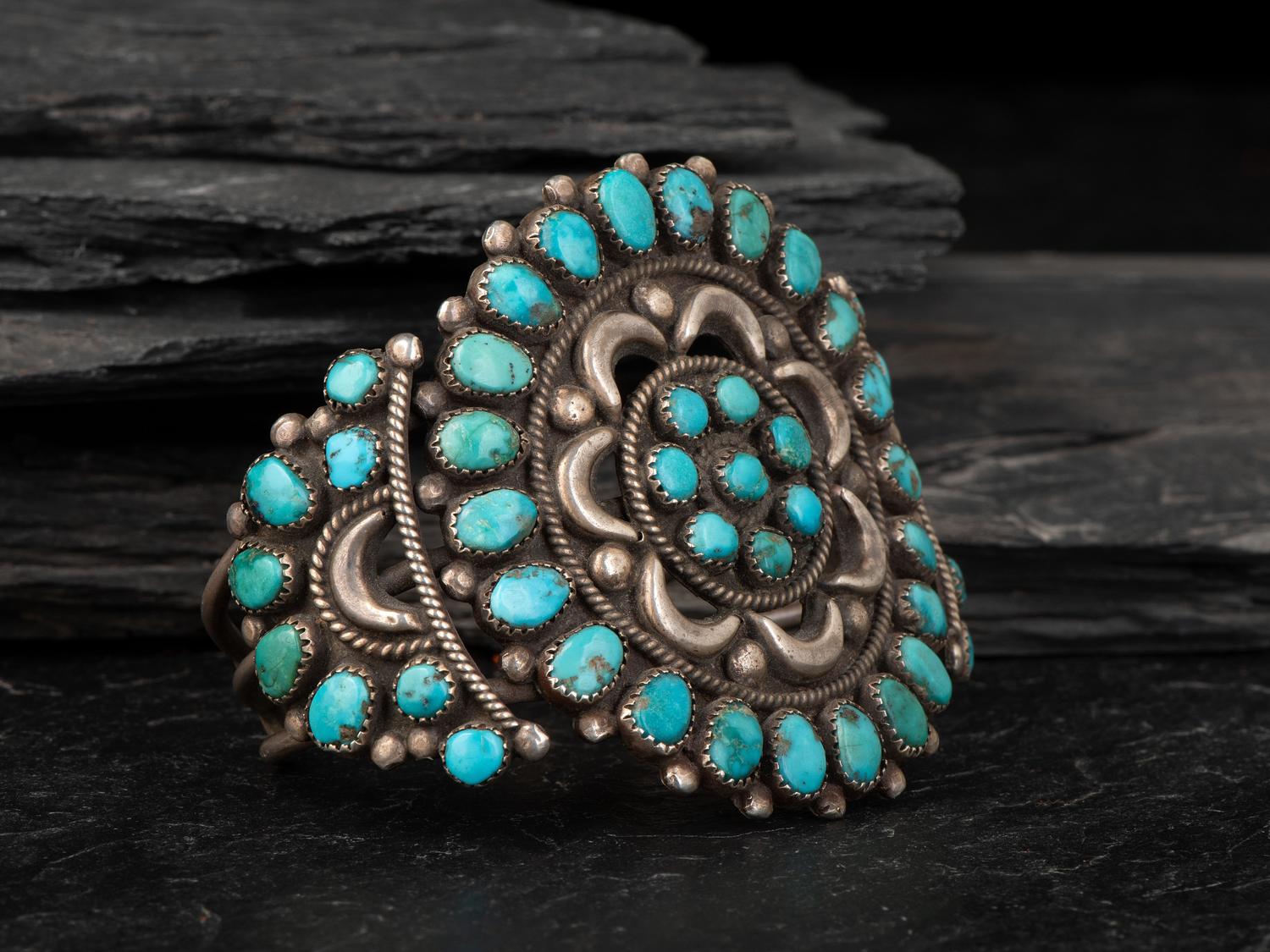 Navajo or Zuni Silver and Turquoise Cluster Cuff Bracelet