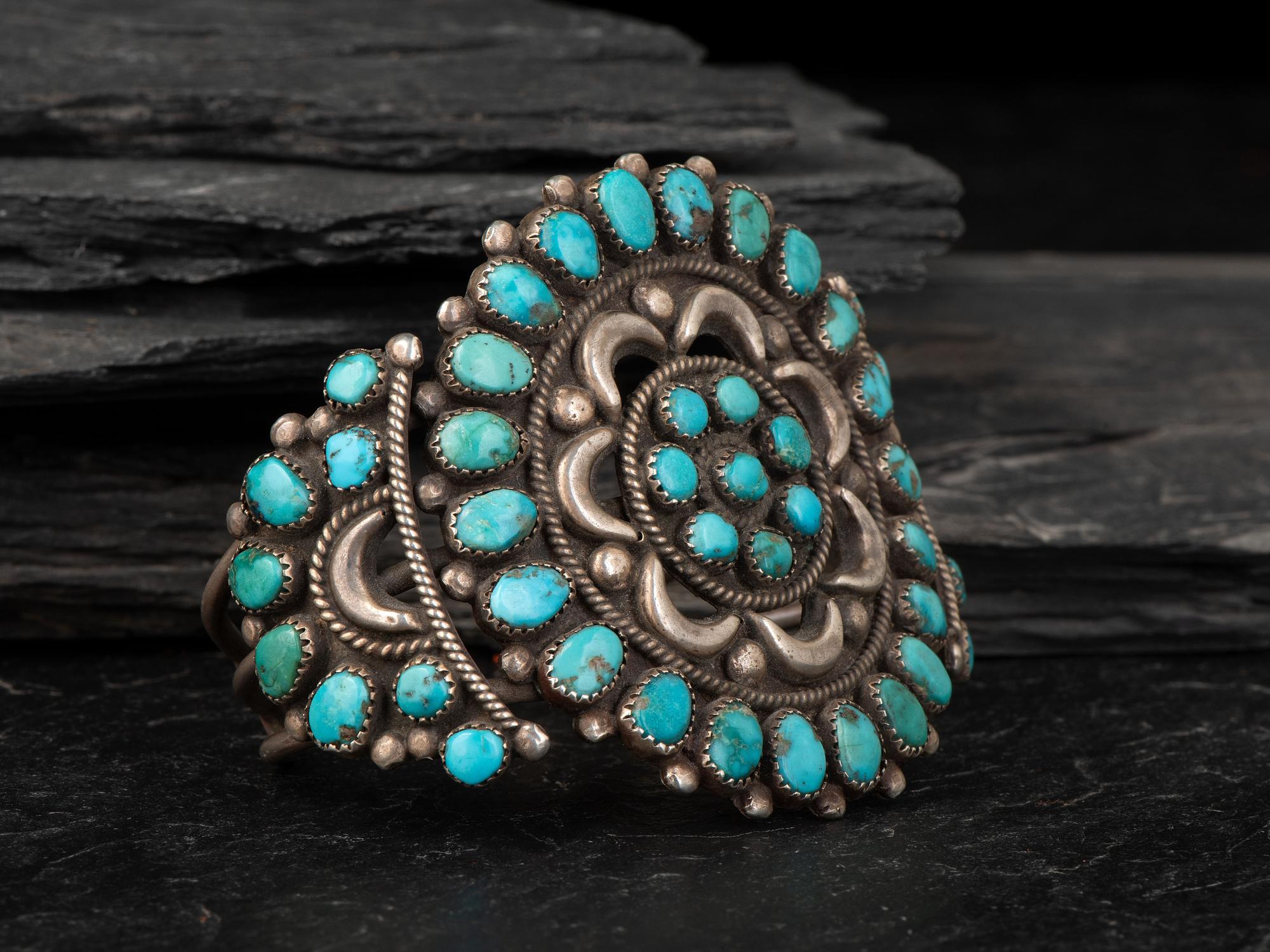 Navajo or Zuni Silver and Turquoise Cluster Cuff Bracelet