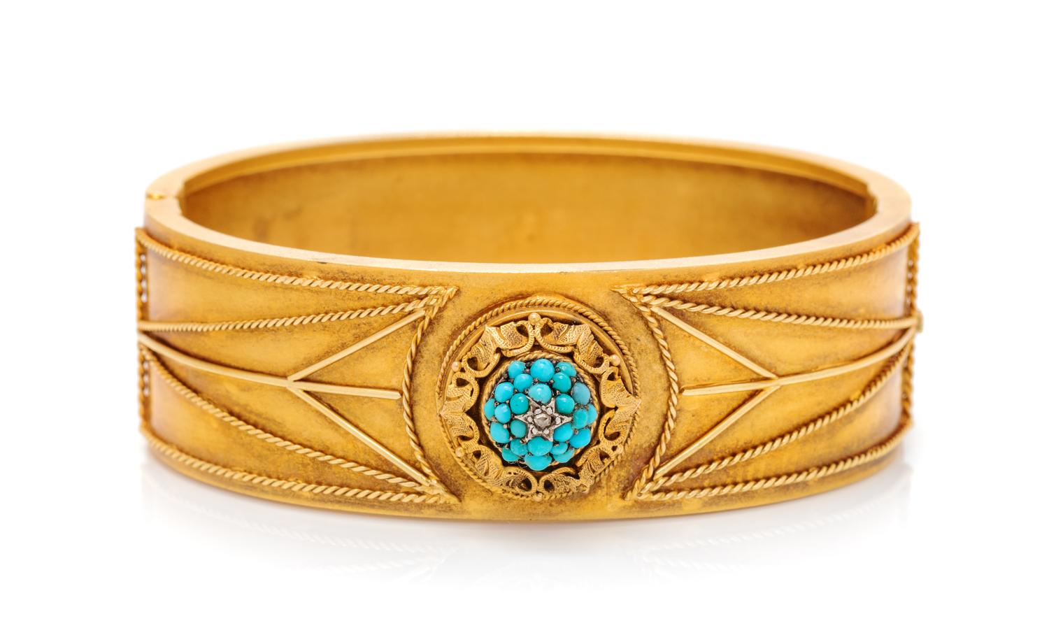 A 14 Karat Yellow Gold, Turquoise and Diamond Bangle Bracelet, 30.00 dwts.