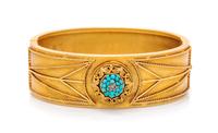 A 14 Karat Yellow Gold, Turquoise and Diamond Bangle Bracelet, 30.00 dwts.