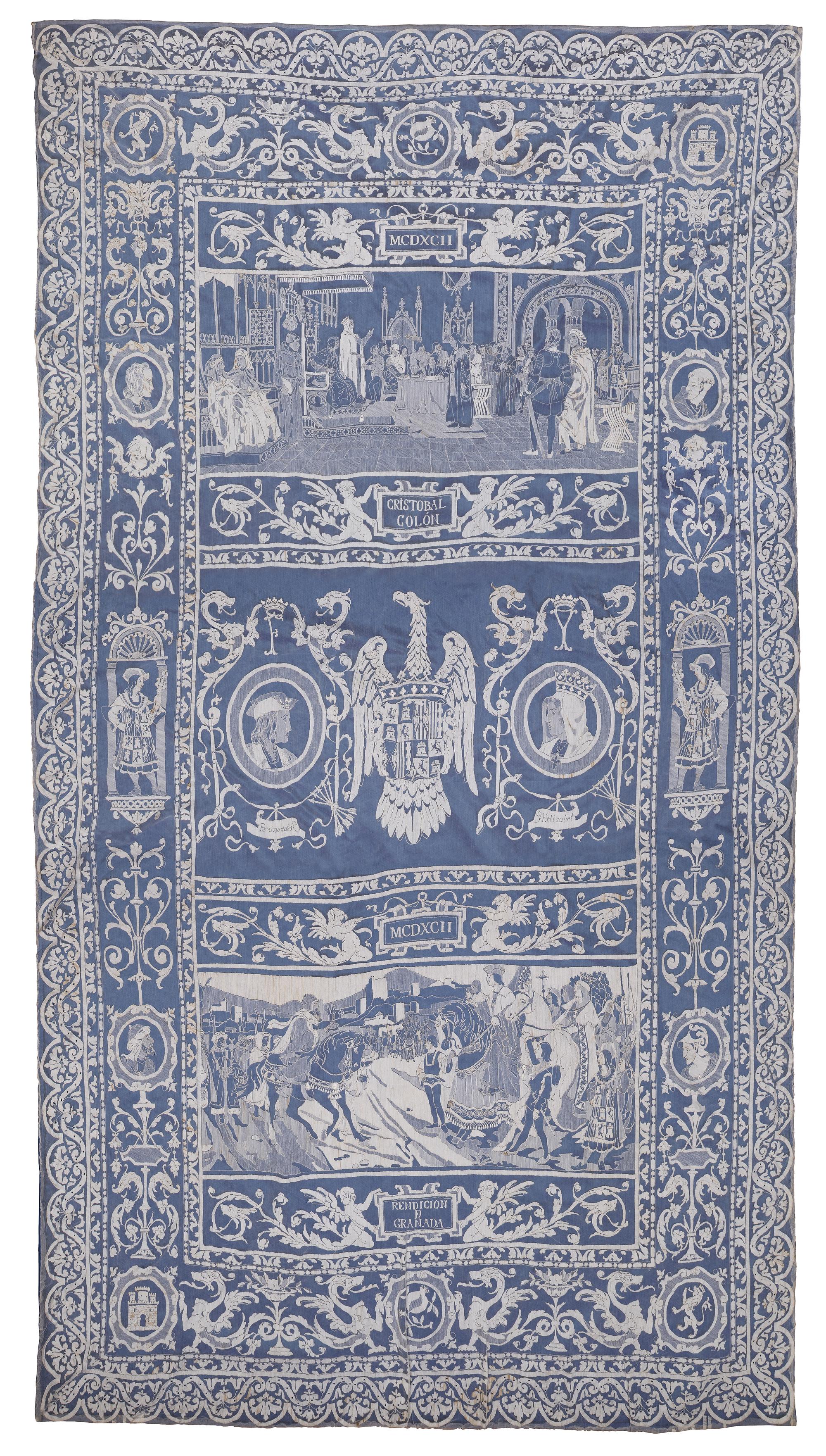 [CHICAGO HISTORY] -- [COLUMBUS, Christopher]. Large historiated and embroidered panel of the "Año Crucial" celebrating the Christopher Columbus's arrival in America. N.d. [ca 1892].