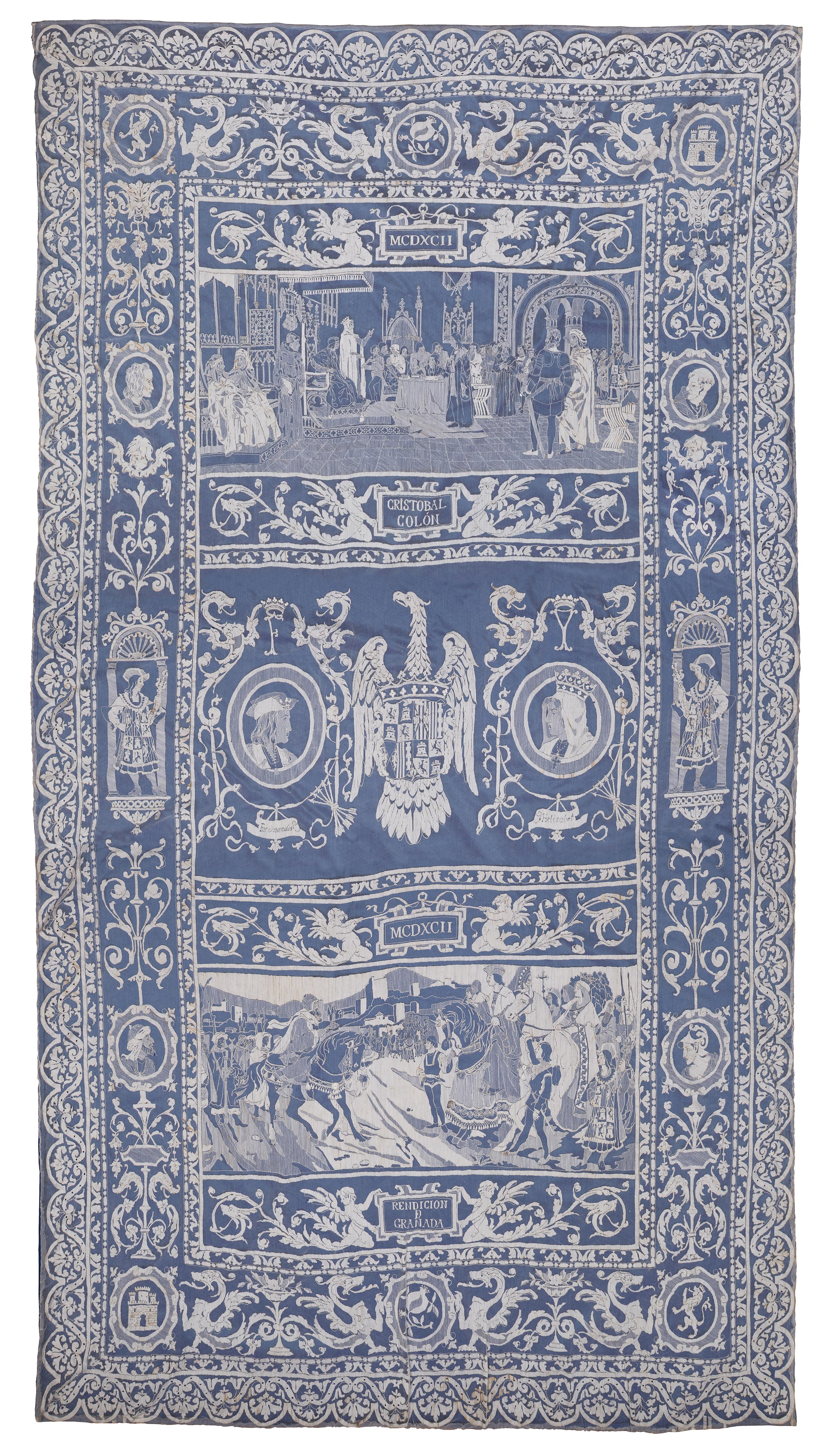 [CHICAGO HISTORY] -- [COLUMBUS, Christopher]. Large historiated and embroidered panel of the "Año Crucial" celebrating the Christopher Columbus's arrival in America. N.d. [ca 1892].