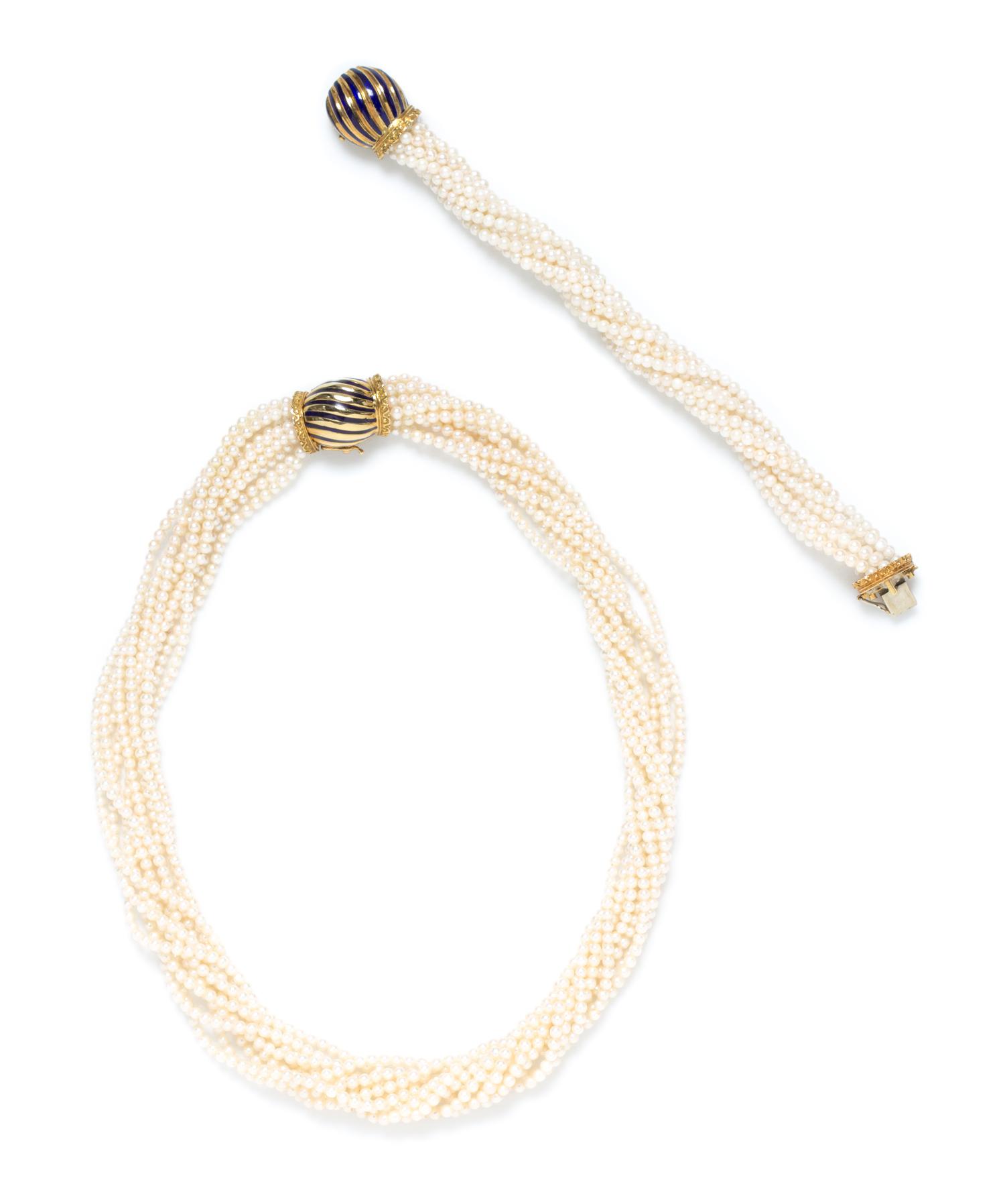 An 18 Karat Yellow Gold, Cultured Seed Pearl and Enamel Demi Parure, Merrin,