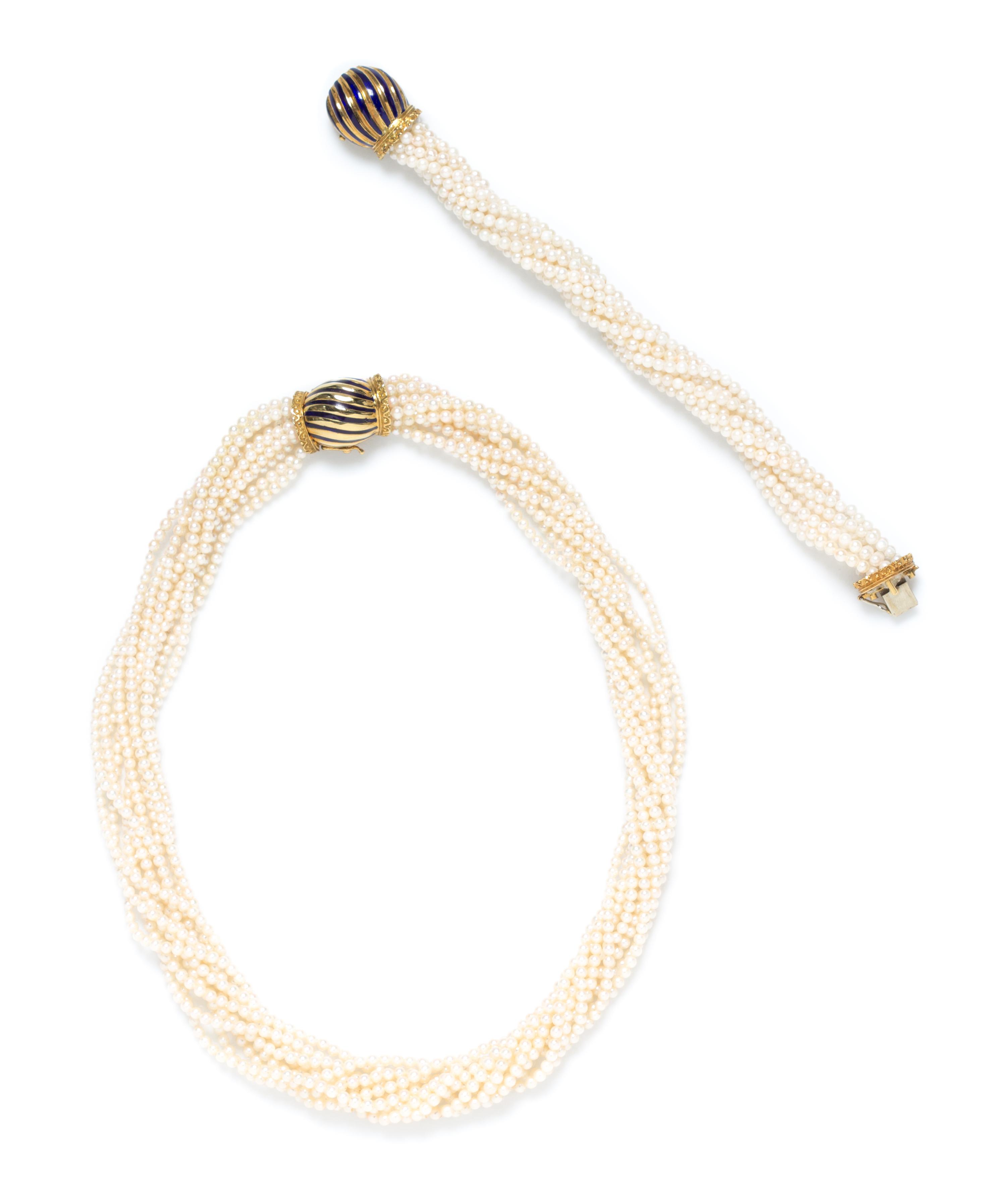 An 18 Karat Yellow Gold, Cultured Seed Pearl and Enamel Demi Parure, Merrin,