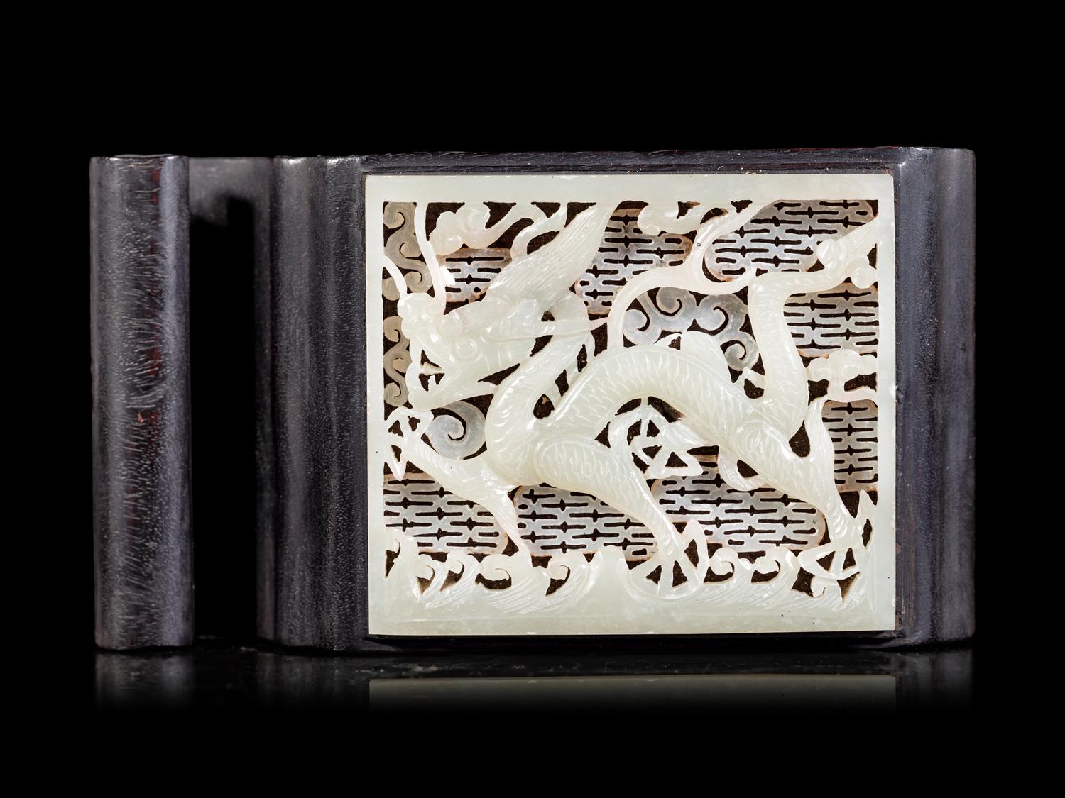 A Chinese Pale Celadon Jade Inset Hardwood Ink Bed