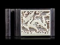 A Chinese Pale Celadon Jade Inset Hardwood Ink Bed