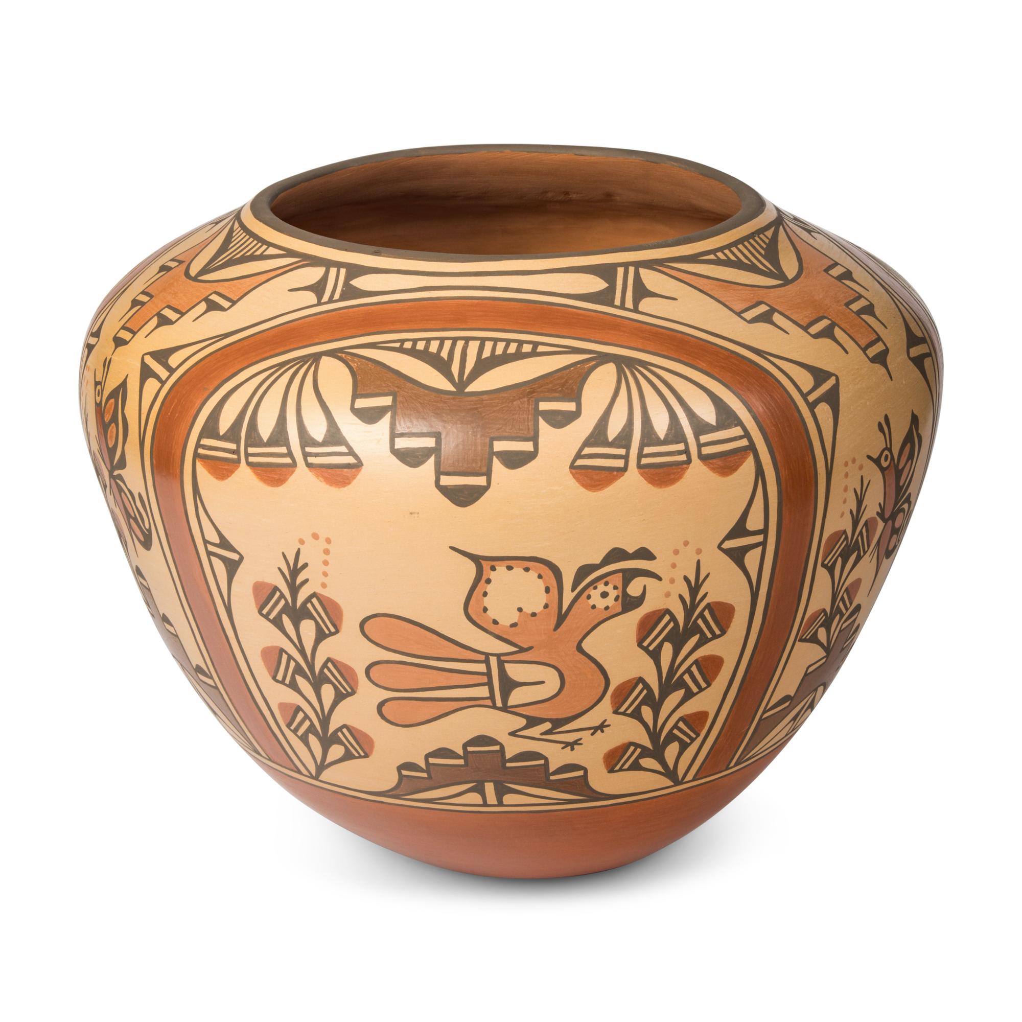Ruby Panana (Zia, b. 1954) — Polychome Pottery Olla, with Parrots, Butterflies, and Rainbows