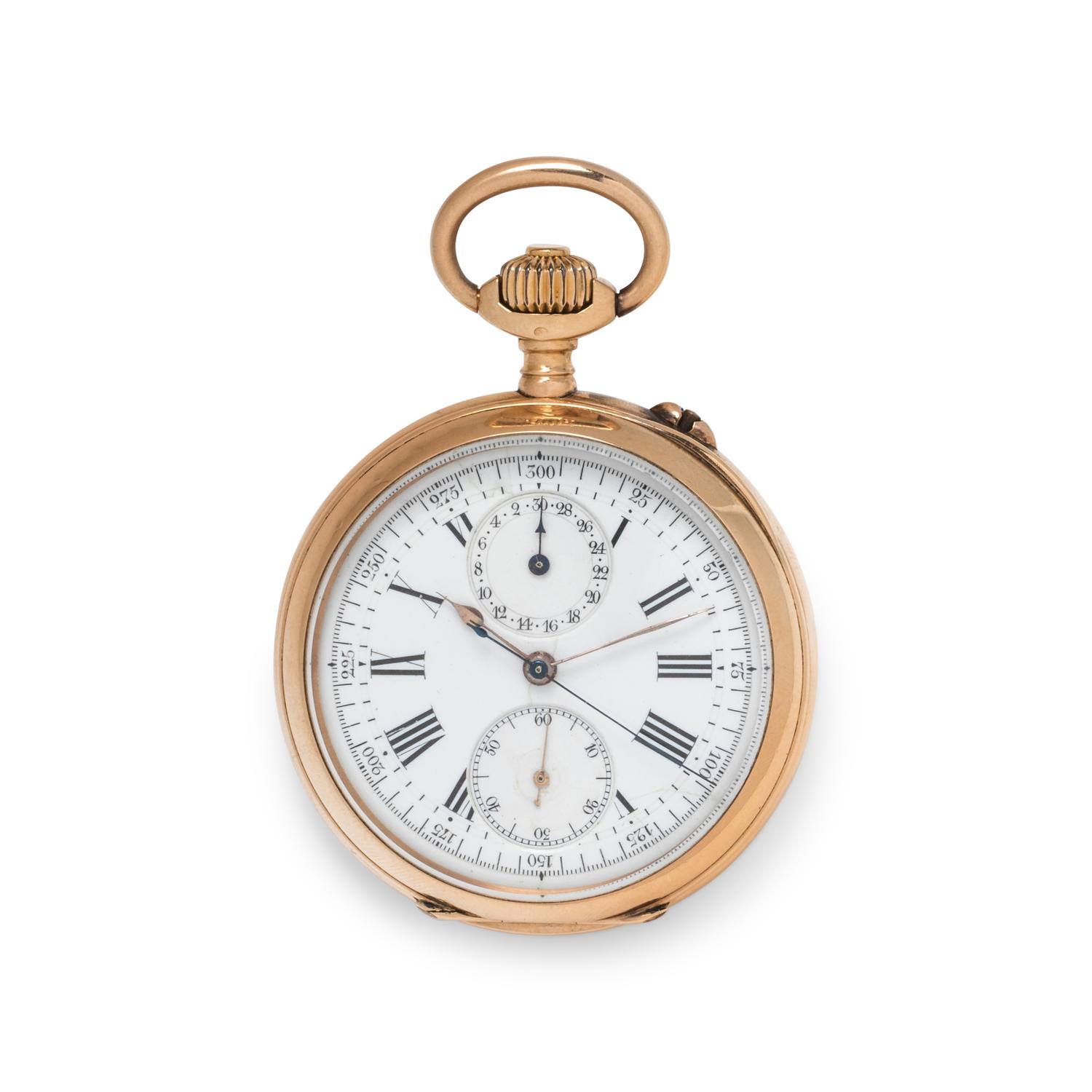 18K PINK GOLD CHRONOGRAPH OPEN FACE POCKET WATCH