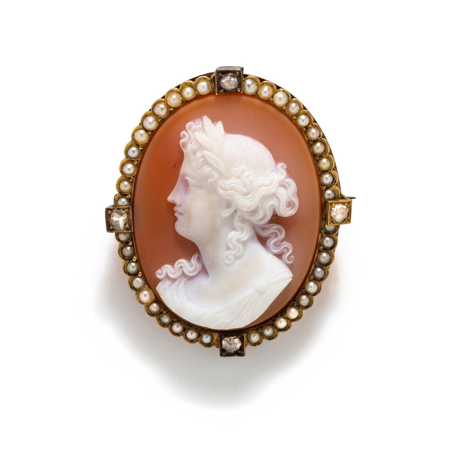 CARNELIAN CAMEO, DIAMOND AND SEED PEARL BROOCH