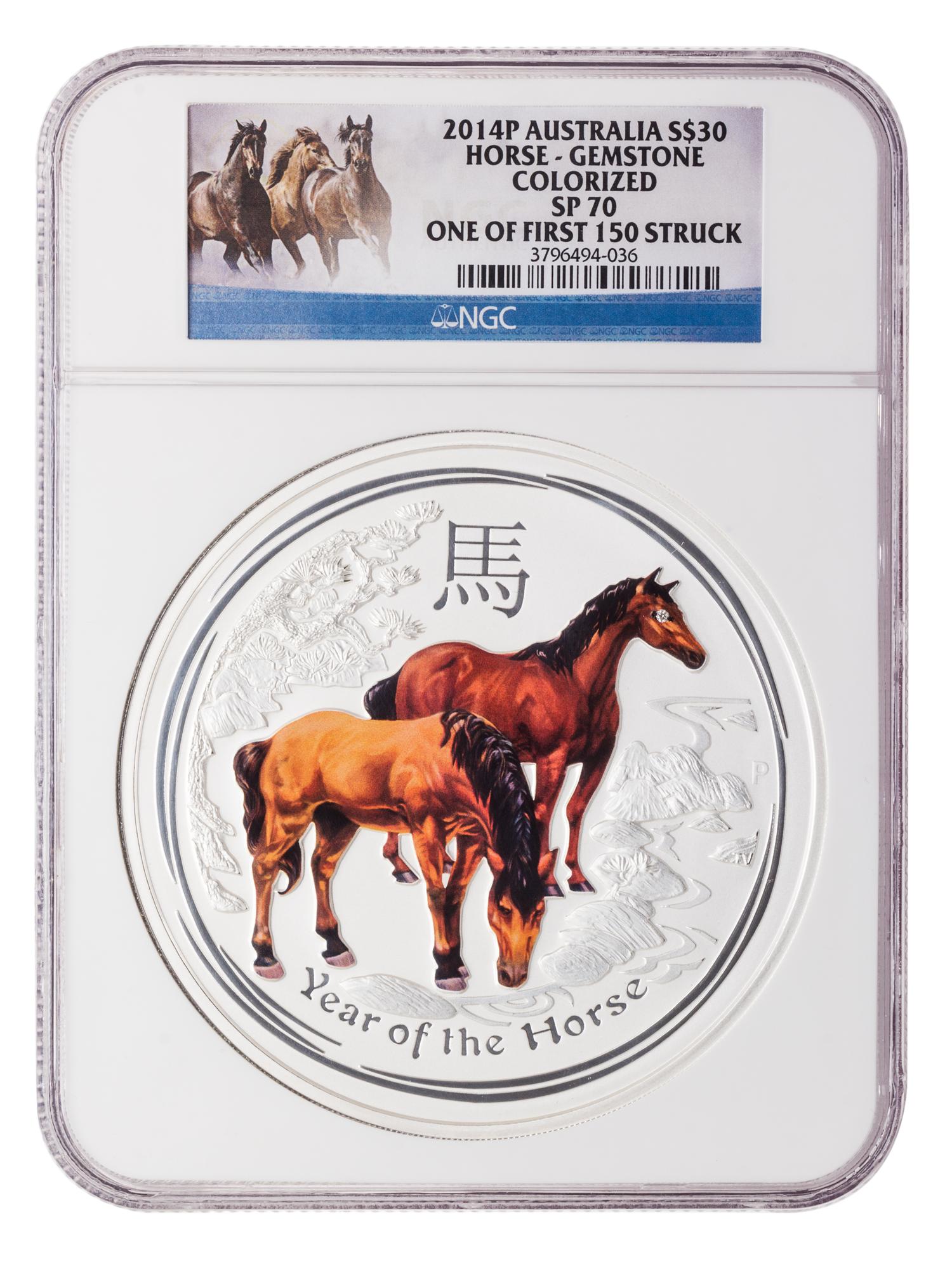 An Australia 2014-P Year of the Horse $30 Colorized and Gemstone-Inset 1 Kilo Silver First Strike Specimen