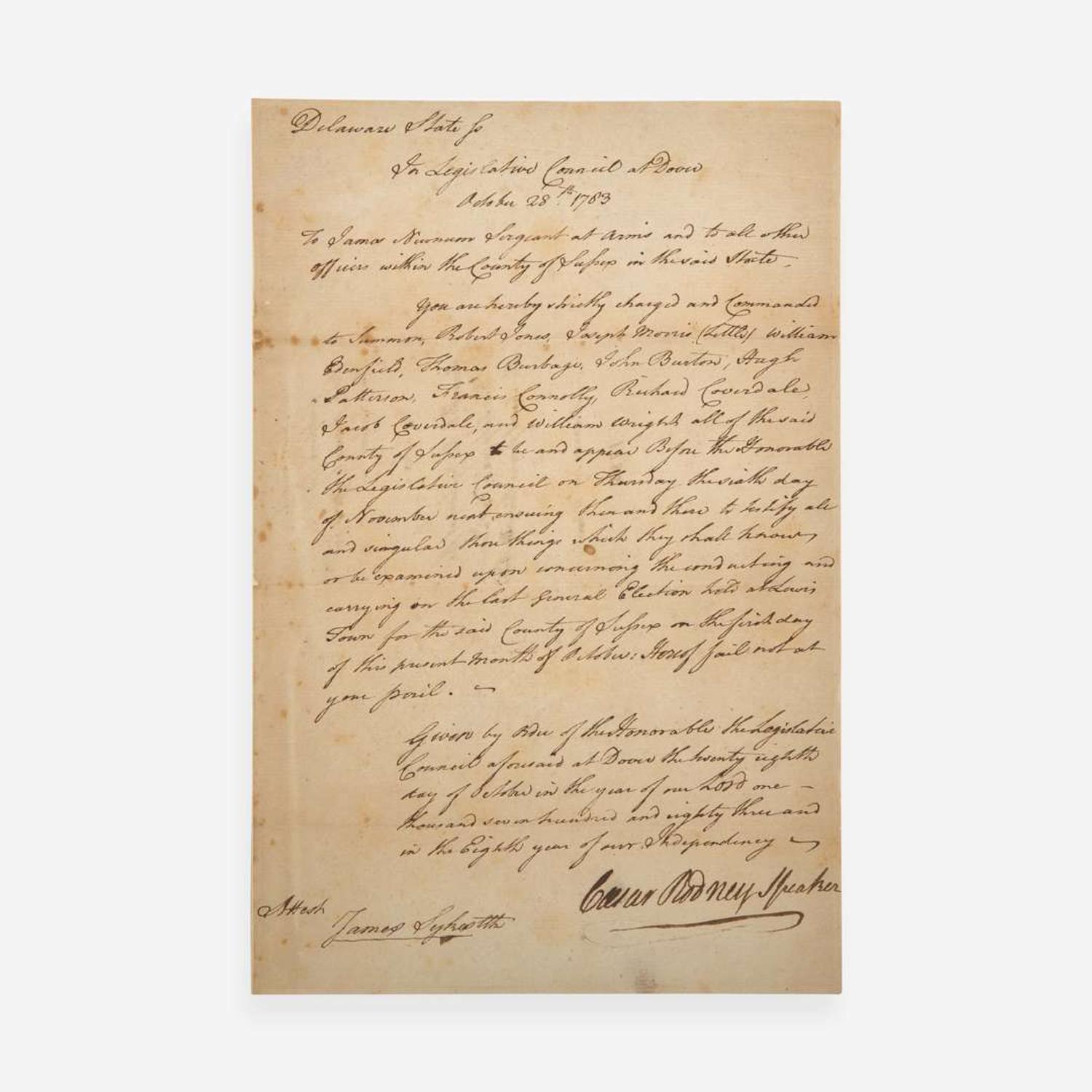 [Americana] [Declaration of Independence] Rodney, Caesar Manuscript Document, signed