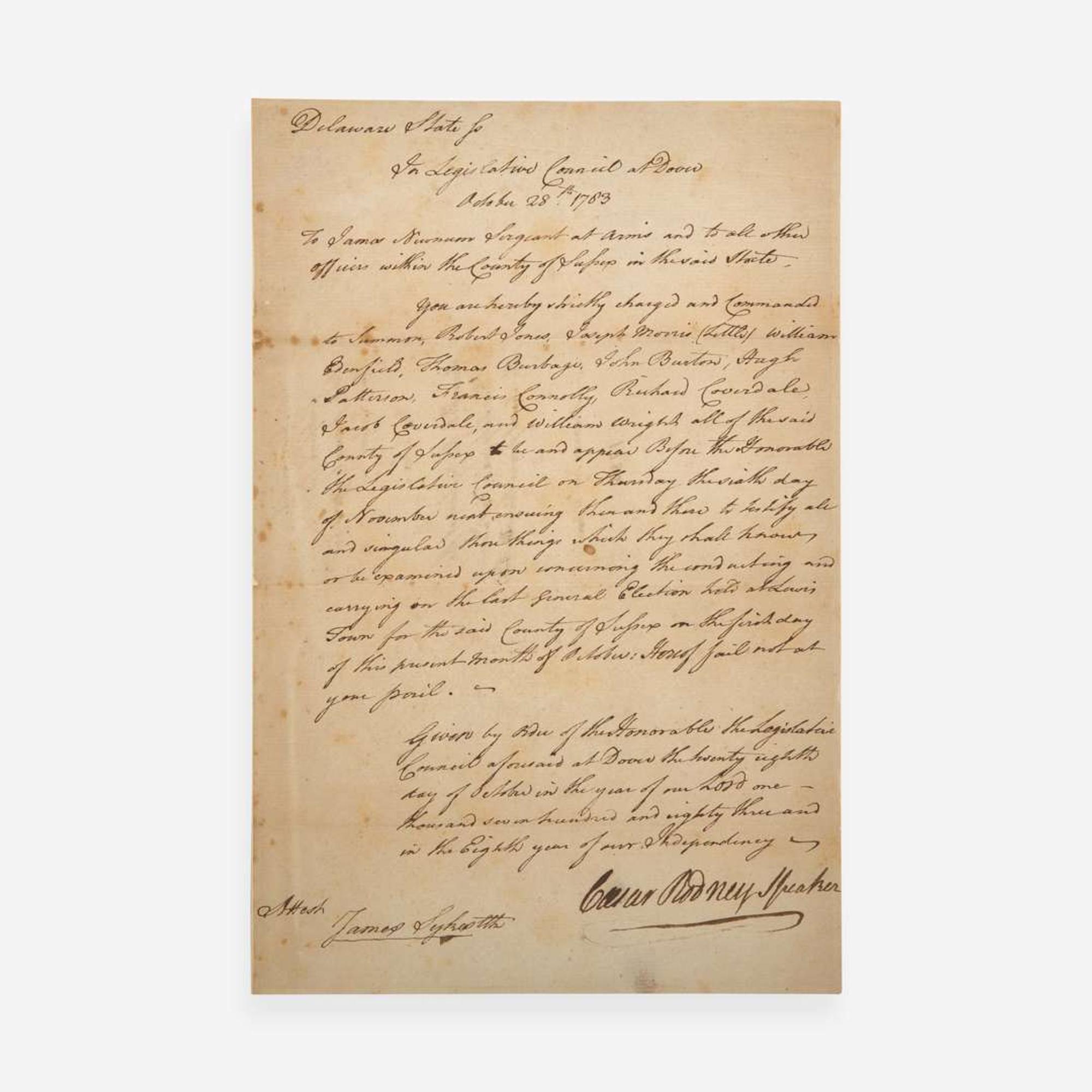 [Americana] [Declaration of Independence] Rodney, Caesar Manuscript Document, signed