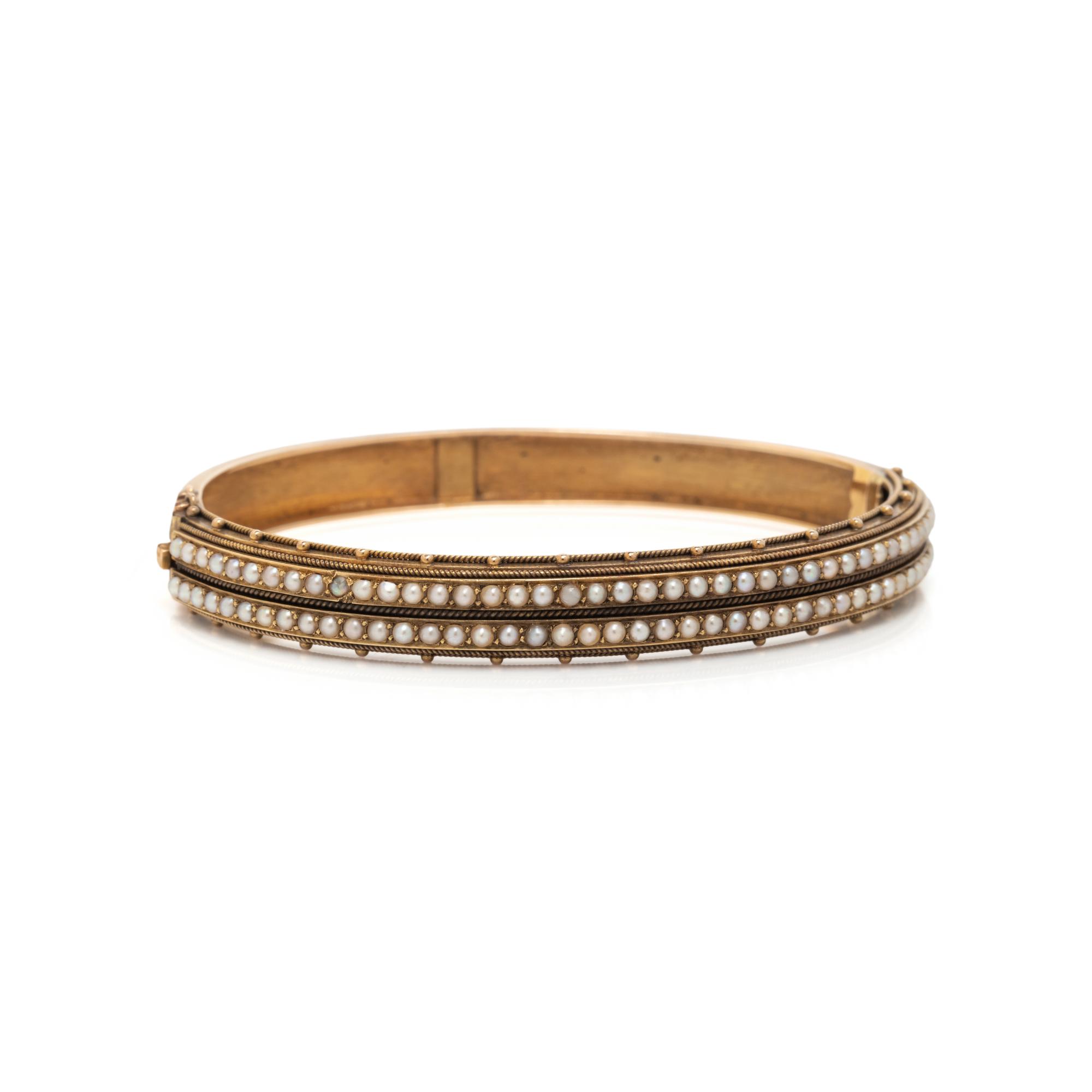 ETRUSCAN REVIVAL, SEED PEARL AND YELLOW GOLD BANGLE