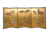 A Japanese Painted Paper Six-Panel Screen with a Gold Ground