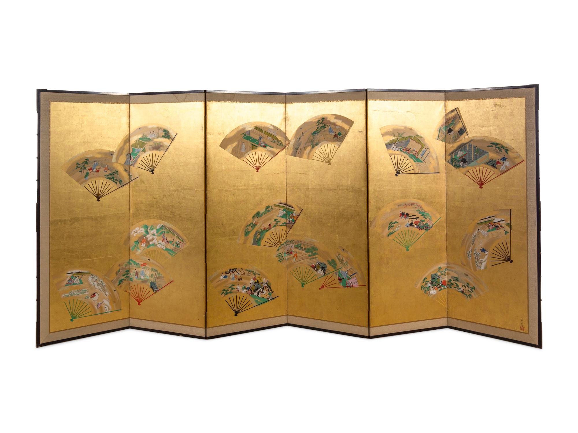 A Japanese Painted Paper Six-Panel Screen with a Gold Ground