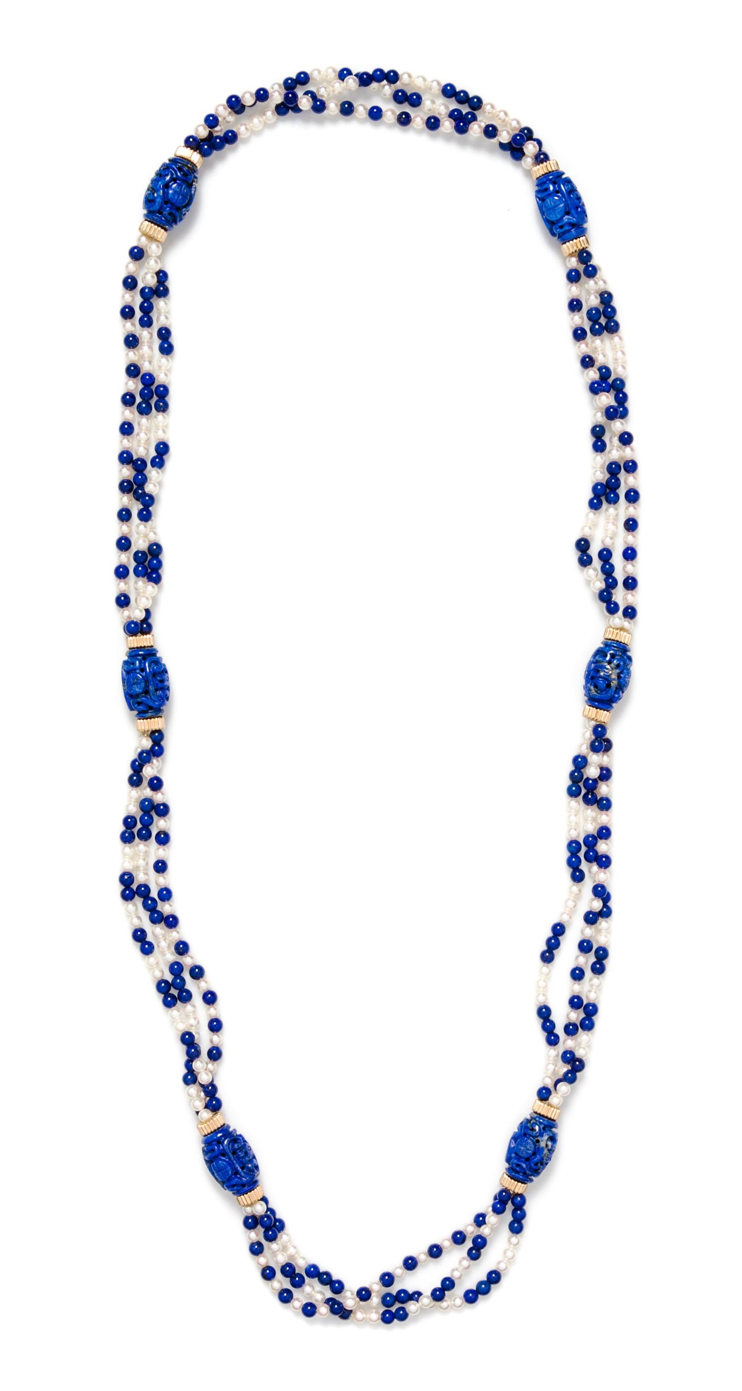 A Yellow Gold, Lapis Lazuli, and Cultured Pearl Bead Necklace, 42.00 dwts.