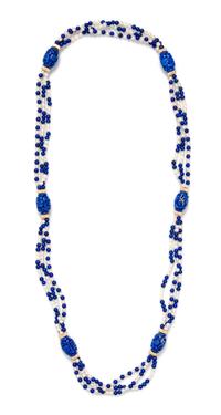 A Yellow Gold, Lapis Lazuli, and Cultured Pearl Bead Necklace, 42.00 dwts.