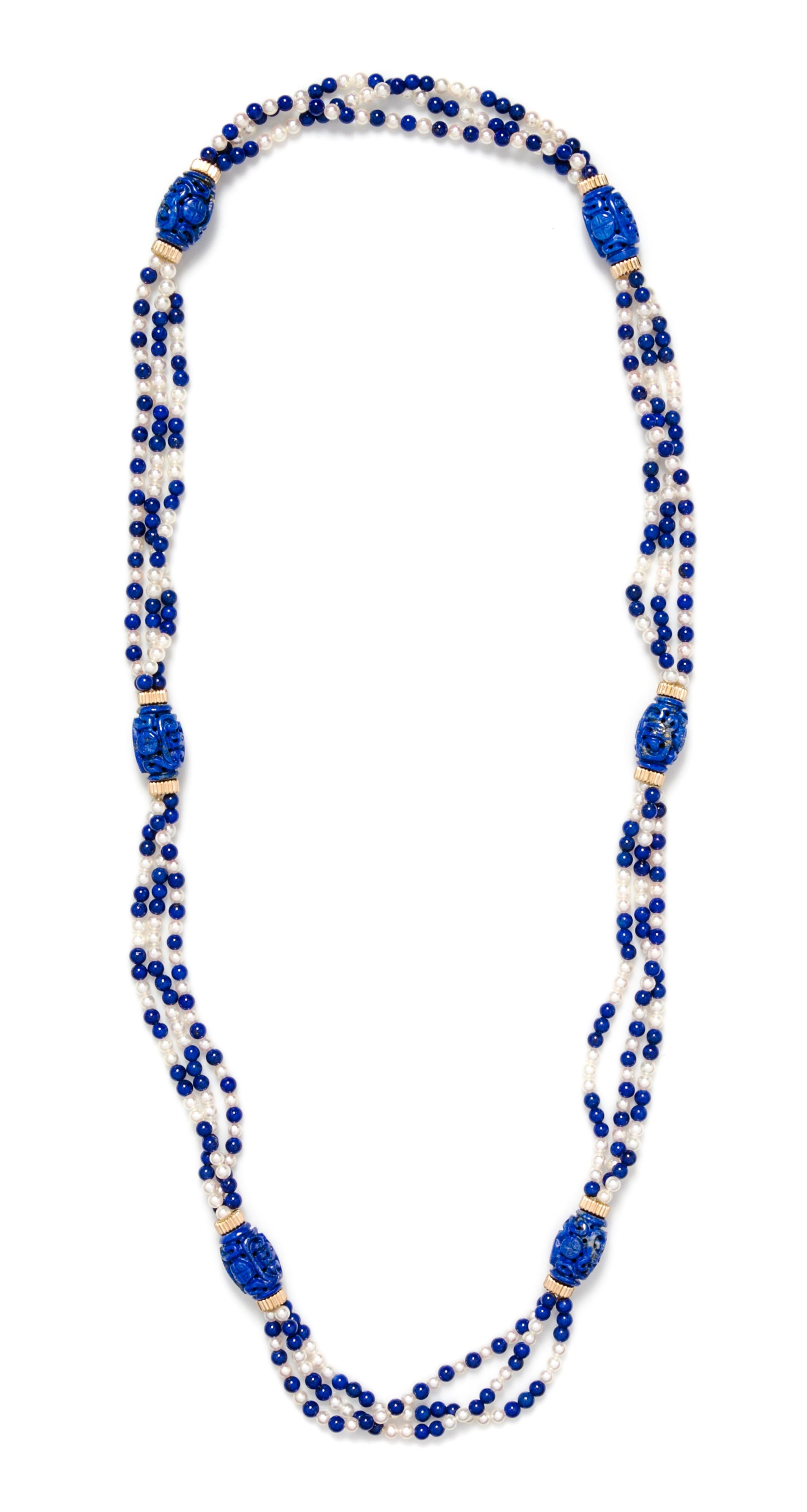 A Yellow Gold, Lapis Lazuli, and Cultured Pearl Bead Necklace, 42.00 dwts.