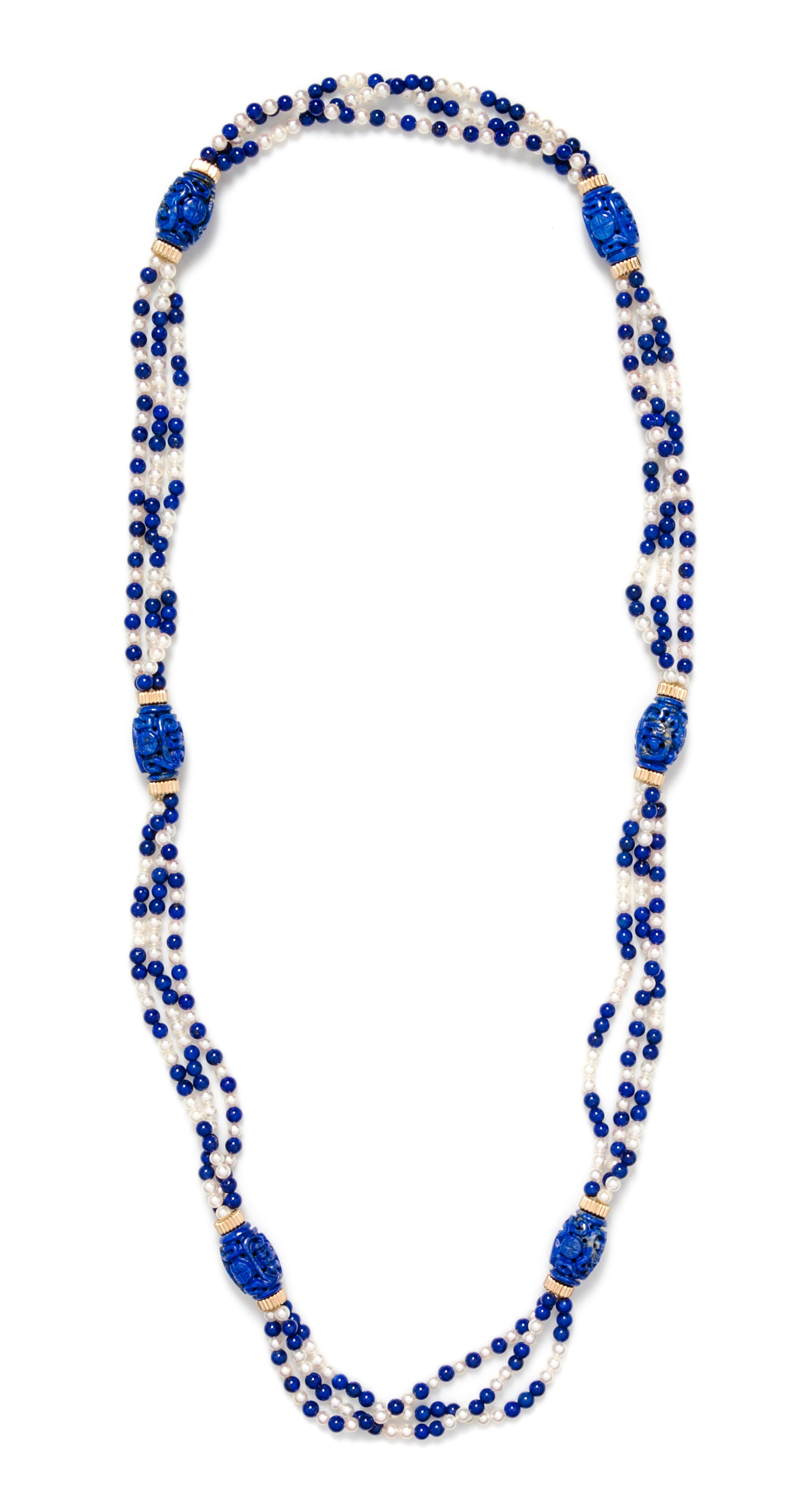 A Yellow Gold, Lapis Lazuli, and Cultured Pearl Bead Necklace, 42.00 dwts.