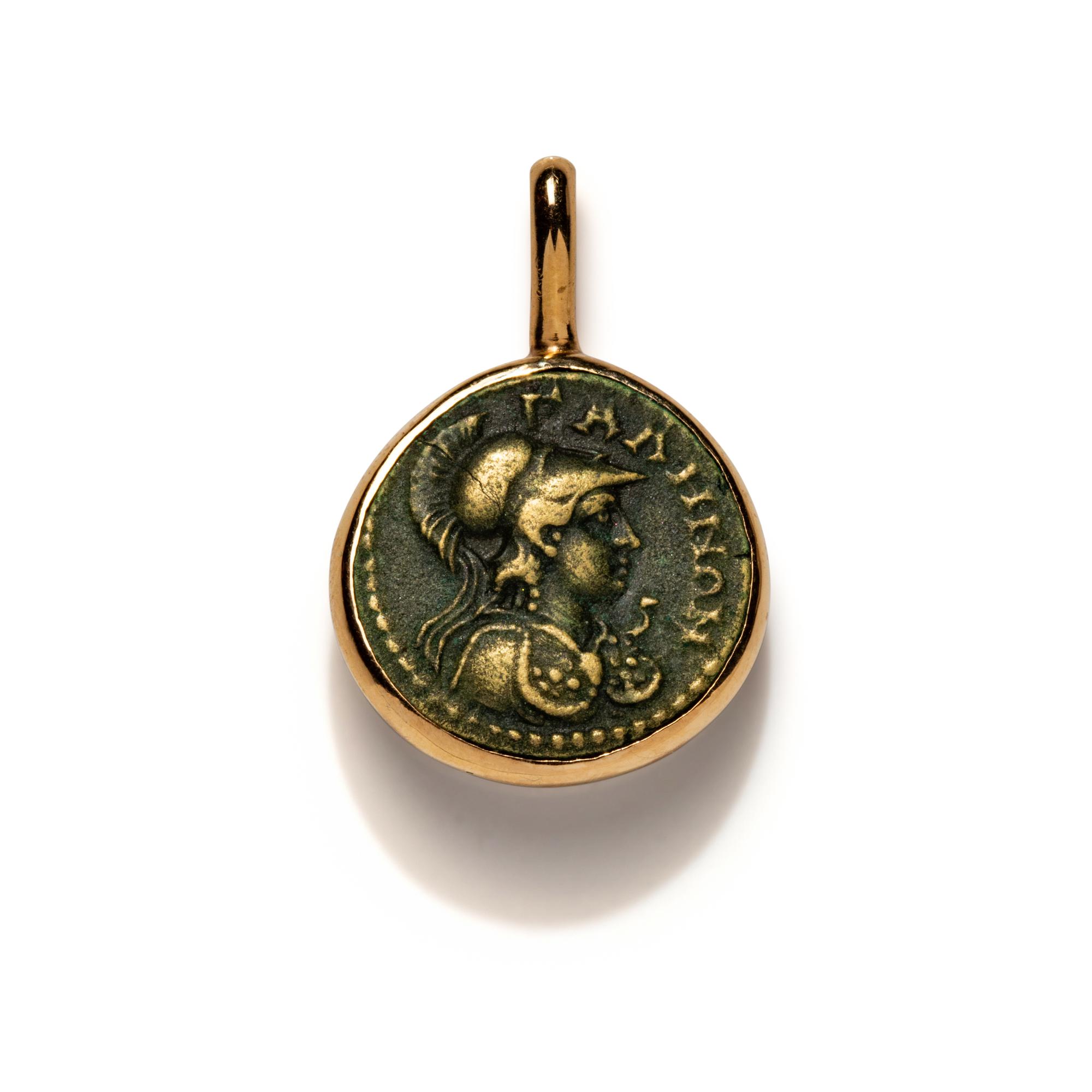 A Greek Bronze Coin with the Goddess Athena — Set in a gold pendant