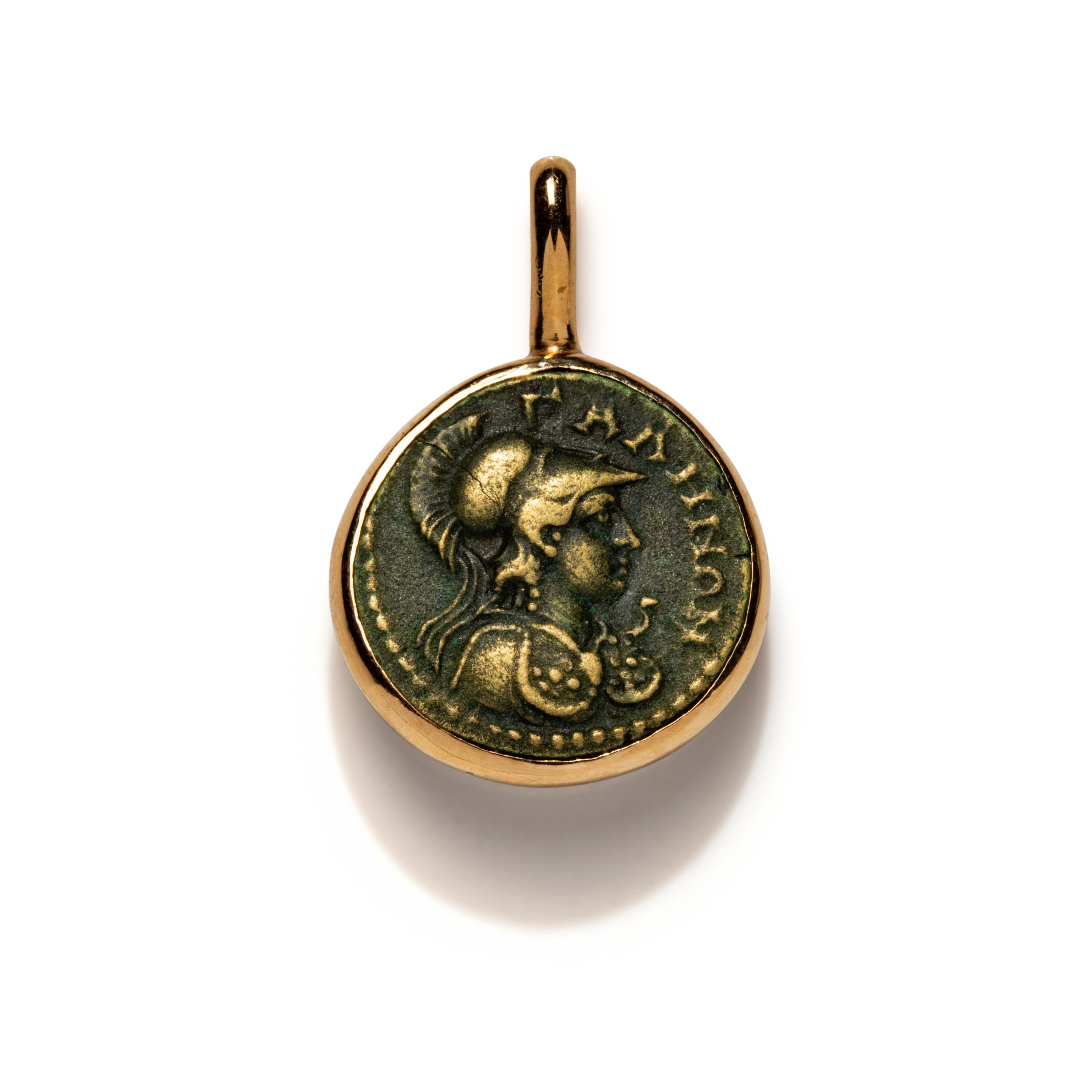 A Greek Bronze Coin with the Goddess Athena — Set in a gold pendant