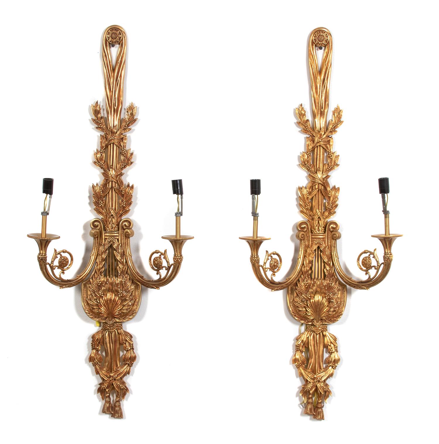 A Pair of Louis XVI Style Brass Two-Light Wall Sconces — 20TH CENTURY