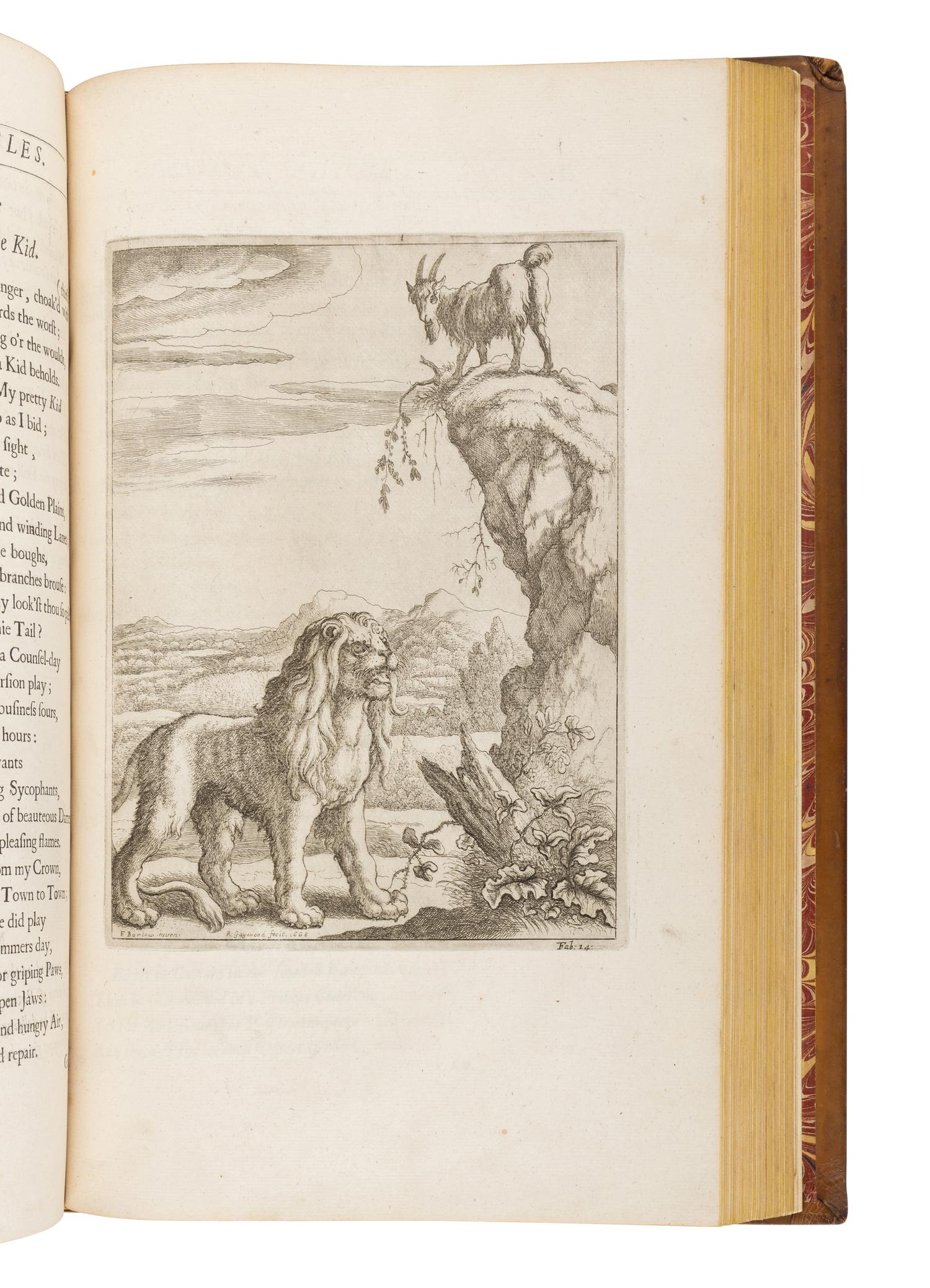 [OGILBY, John (1600-1676), translator]. AESOP (ca 620-560 B.C.). The Fables of Aesop Paraphras'd in Verse: Adorn'd with Sculpture, and Illustrated with Annotations . [ Bound with :] Aesopic’s: Or a Second Collection of Fables, Paraphras'd in Verse: Adorn'd with Sculpture, and Illustrated with Annotations . London: Printed by Thomas Roycroft for the Author, 1668.