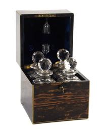 A Regency Calamander Cased Liquor Set, Height 10 1/4 x width 9 x depth 9 inches.