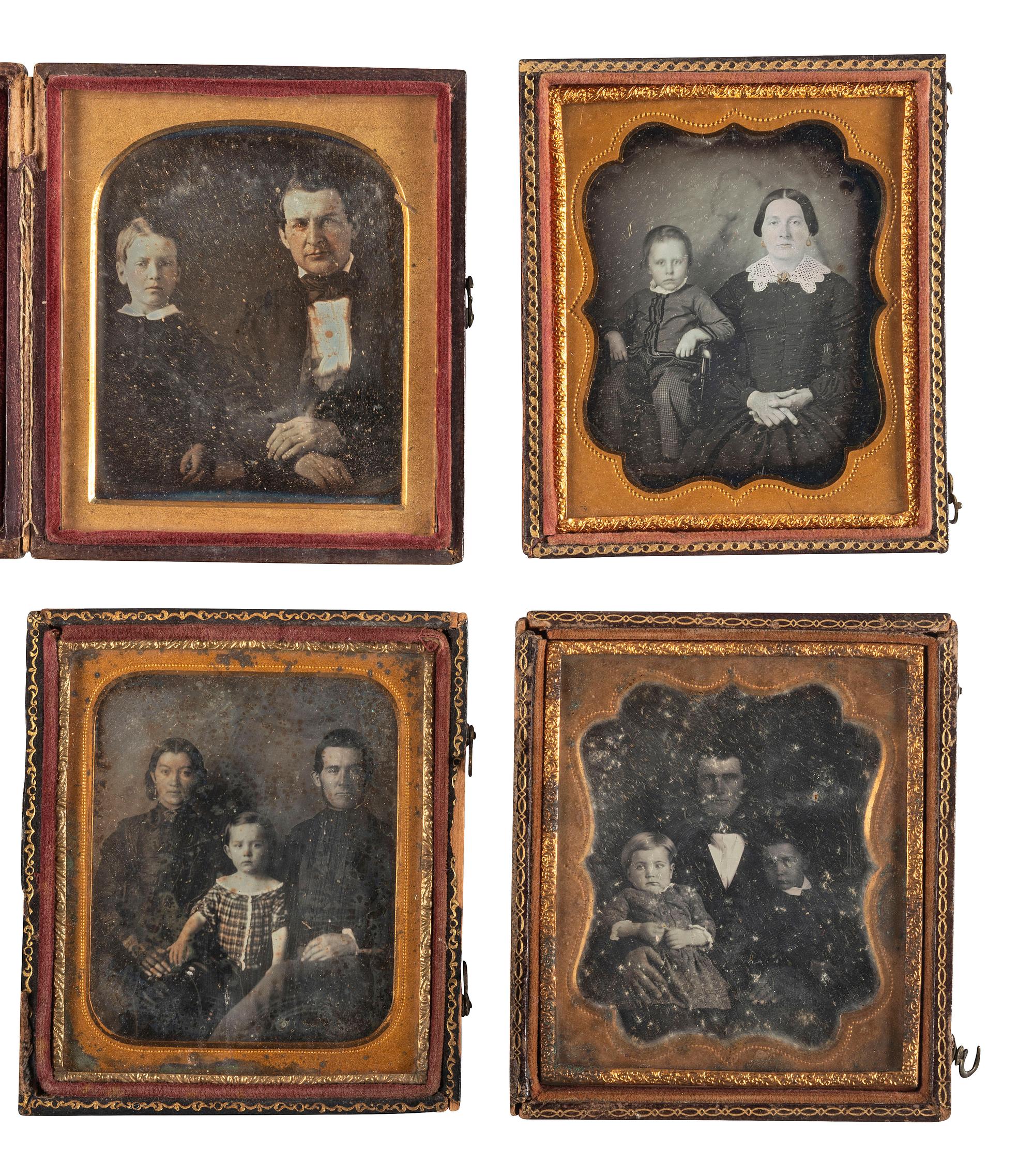 [EARLY PHOTOGRAPHY]. A group of 22 daguerreotype and tintype portraits of parents with children, including: