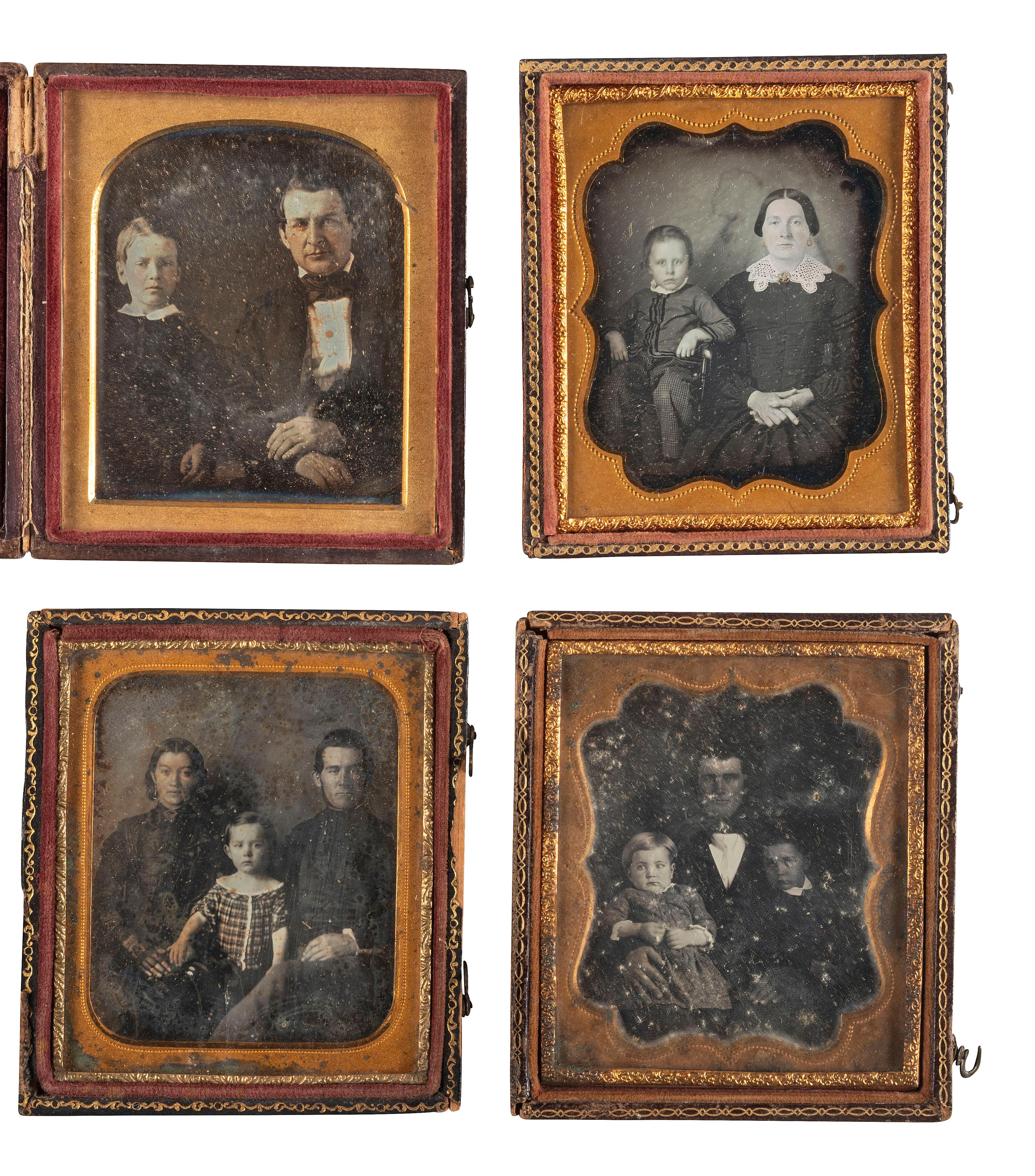 [EARLY PHOTOGRAPHY]. A group of 22 daguerreotype and tintype portraits of parents with children, including: