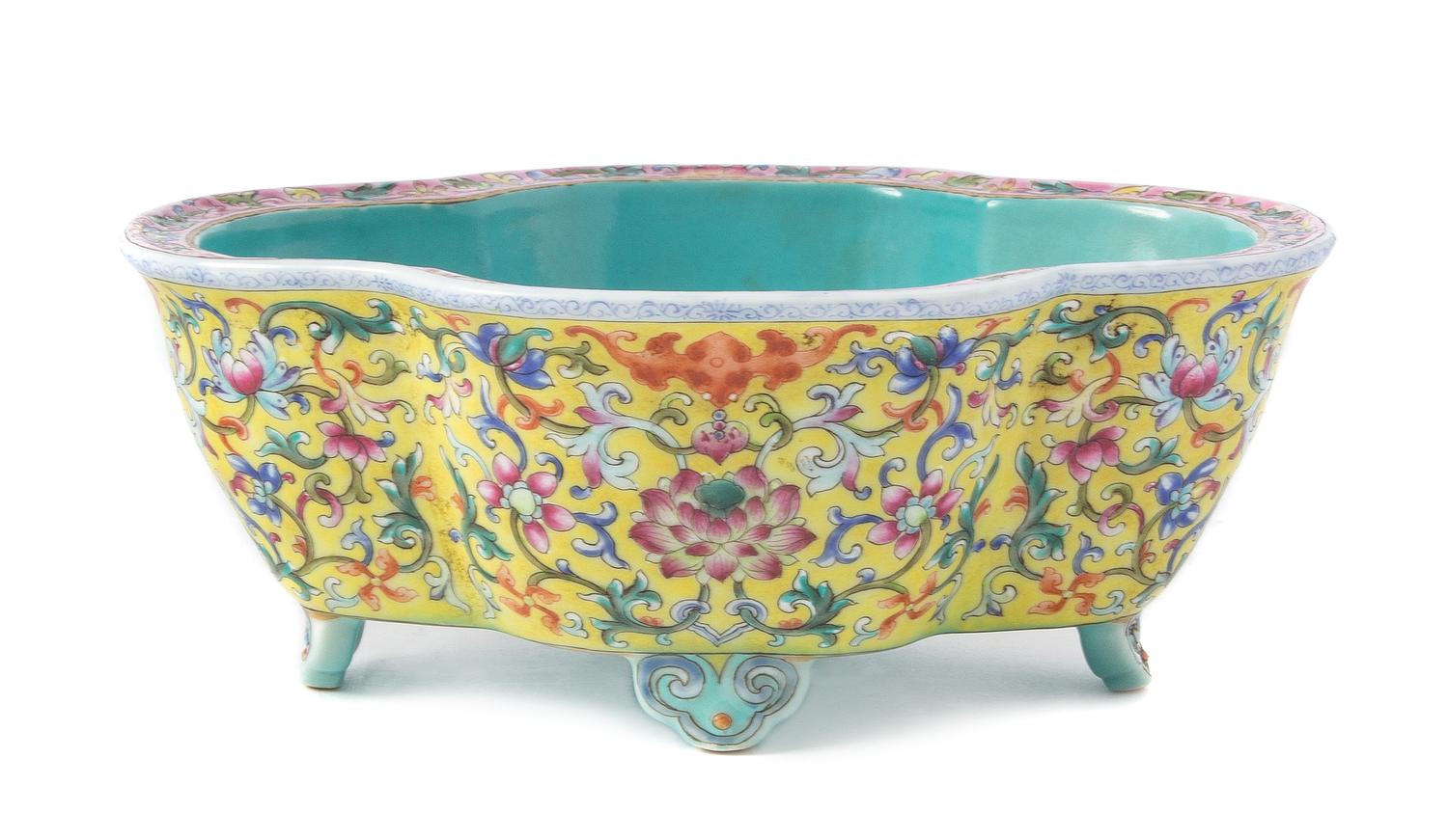 A Famille Jaune Porcelain Cachepot Width 7 3/4 inches.