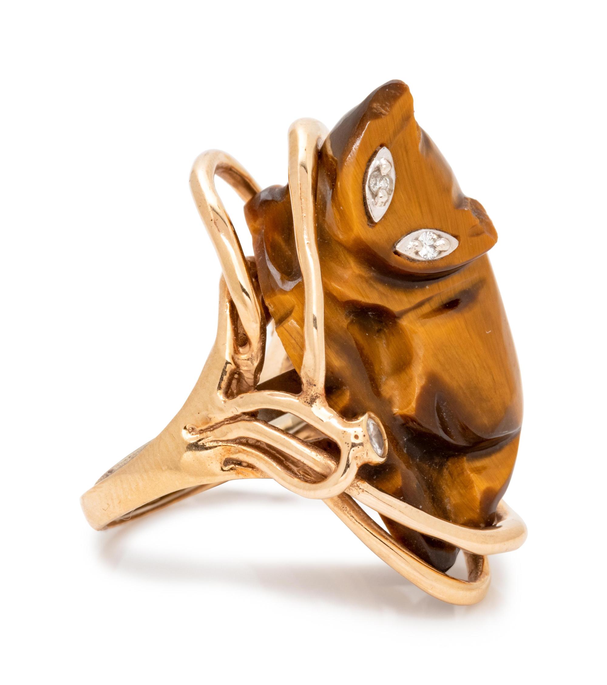 A Yellow Gold, Tiger's Eye and Diamond Ring,