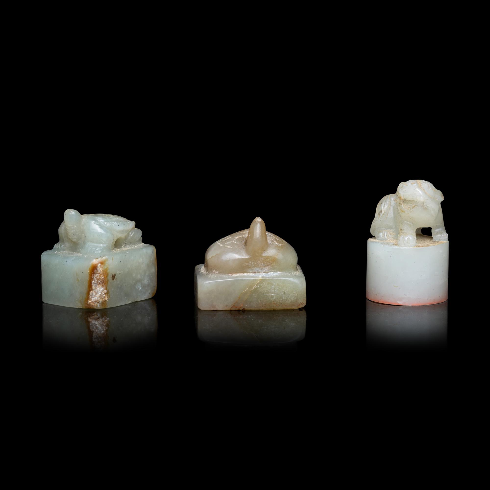 Three Chinese Celadon Jade Seals, Qing Dynasty 清 青玉印三枚