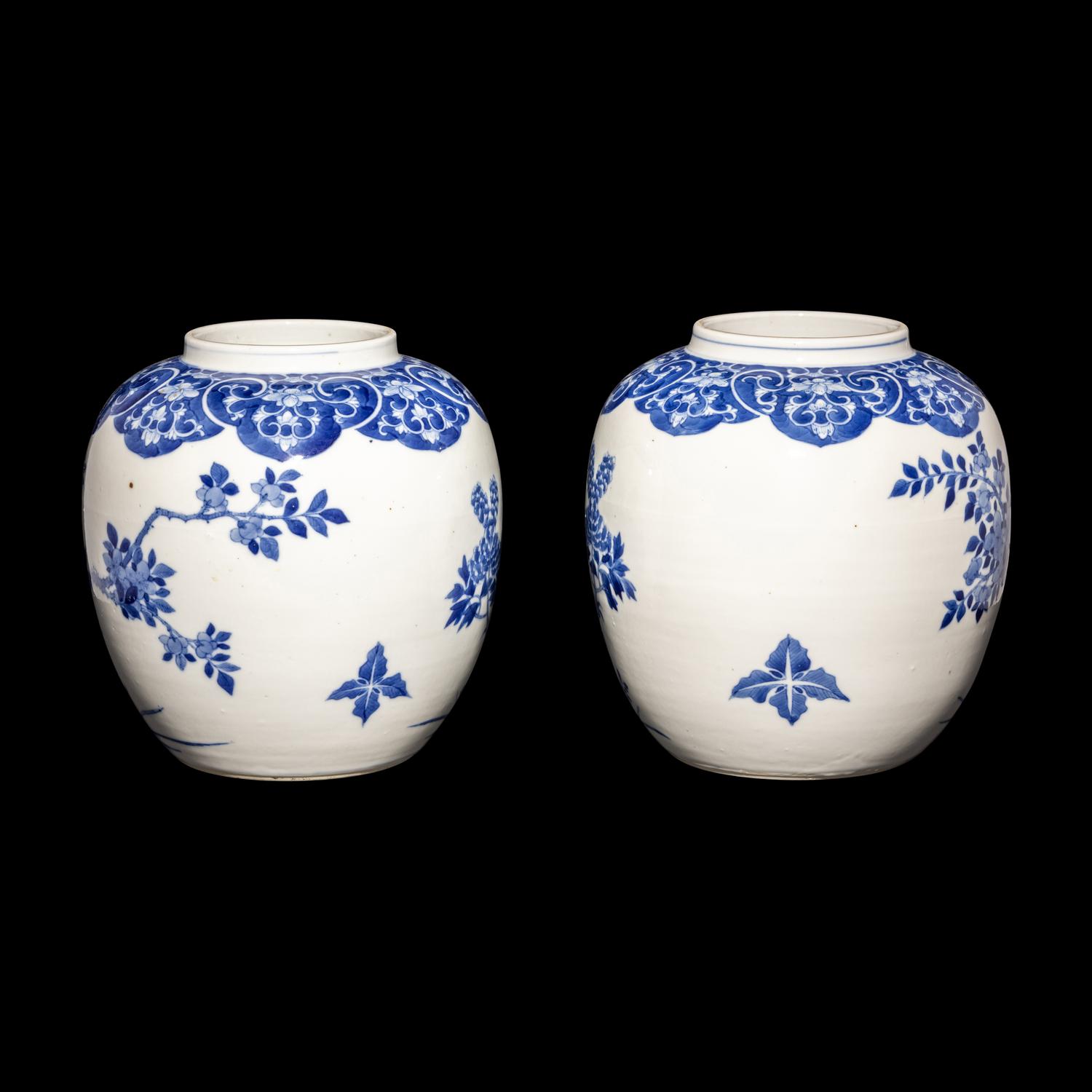 A Pair of Chinese Blue and White Porcelain 'Peonies and Pheasant' Ginger Jars, Guangxu Period 清光緒 青花牡丹錦鷄圖蓋罐一對