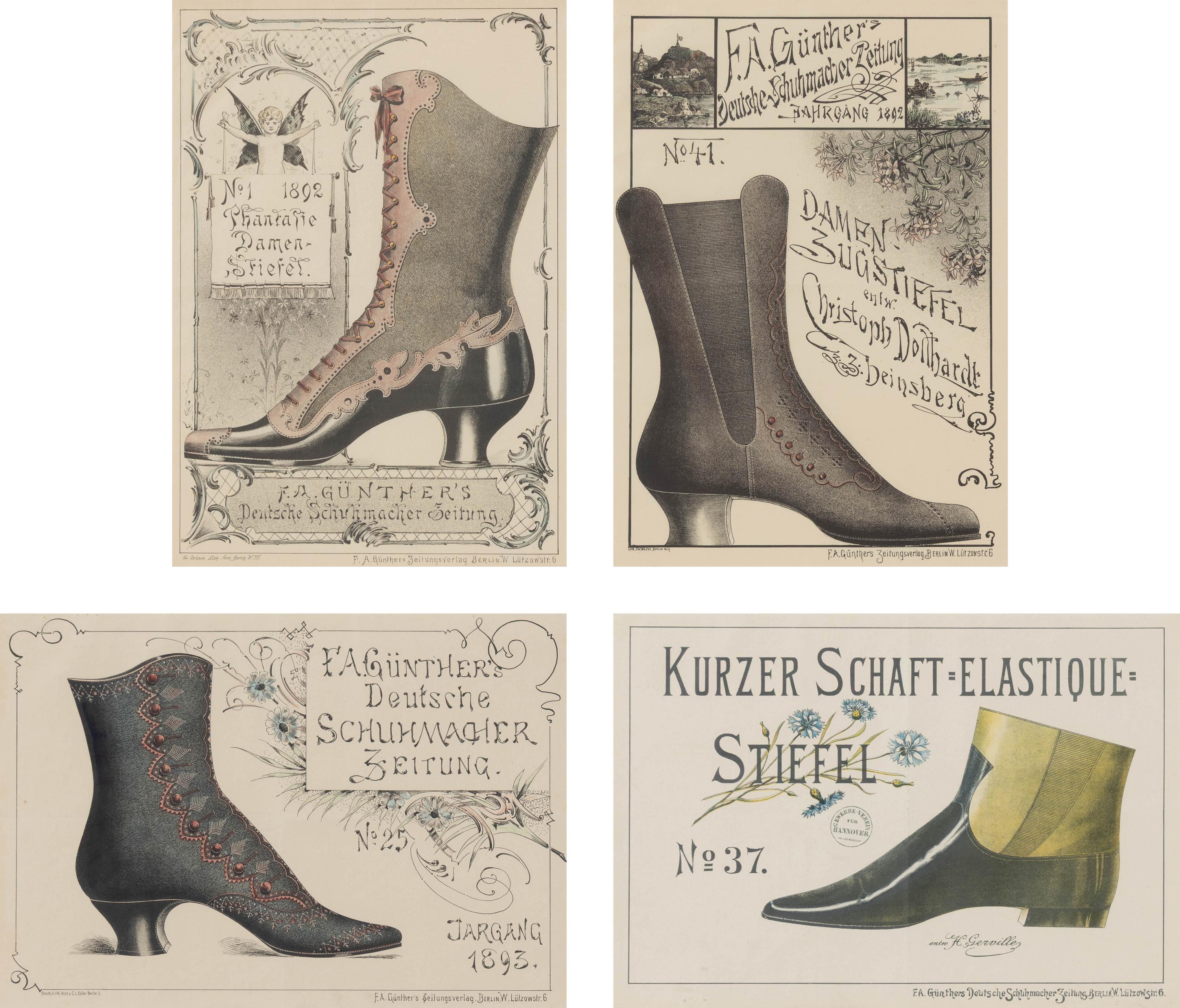 A Set of Four German Giltwood-Framed Shoe Advertisements