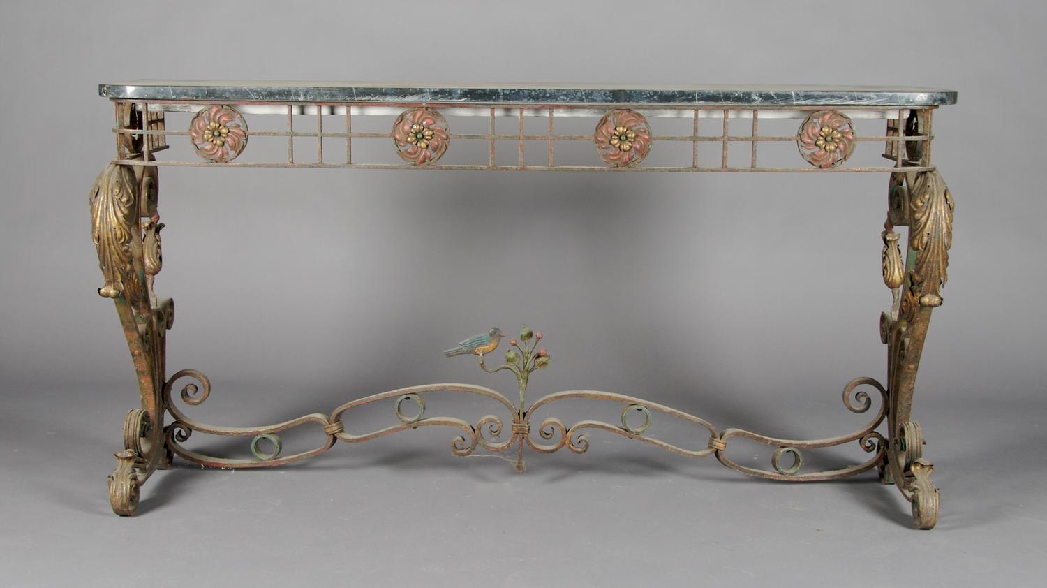 A Wrought Iron and Brass Console Table, Height 54 x width 58 x depth 15 1/2 inches.