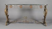 A Wrought Iron and Brass Console Table, Height 54 x width 58 x depth 15 1/2 inches.