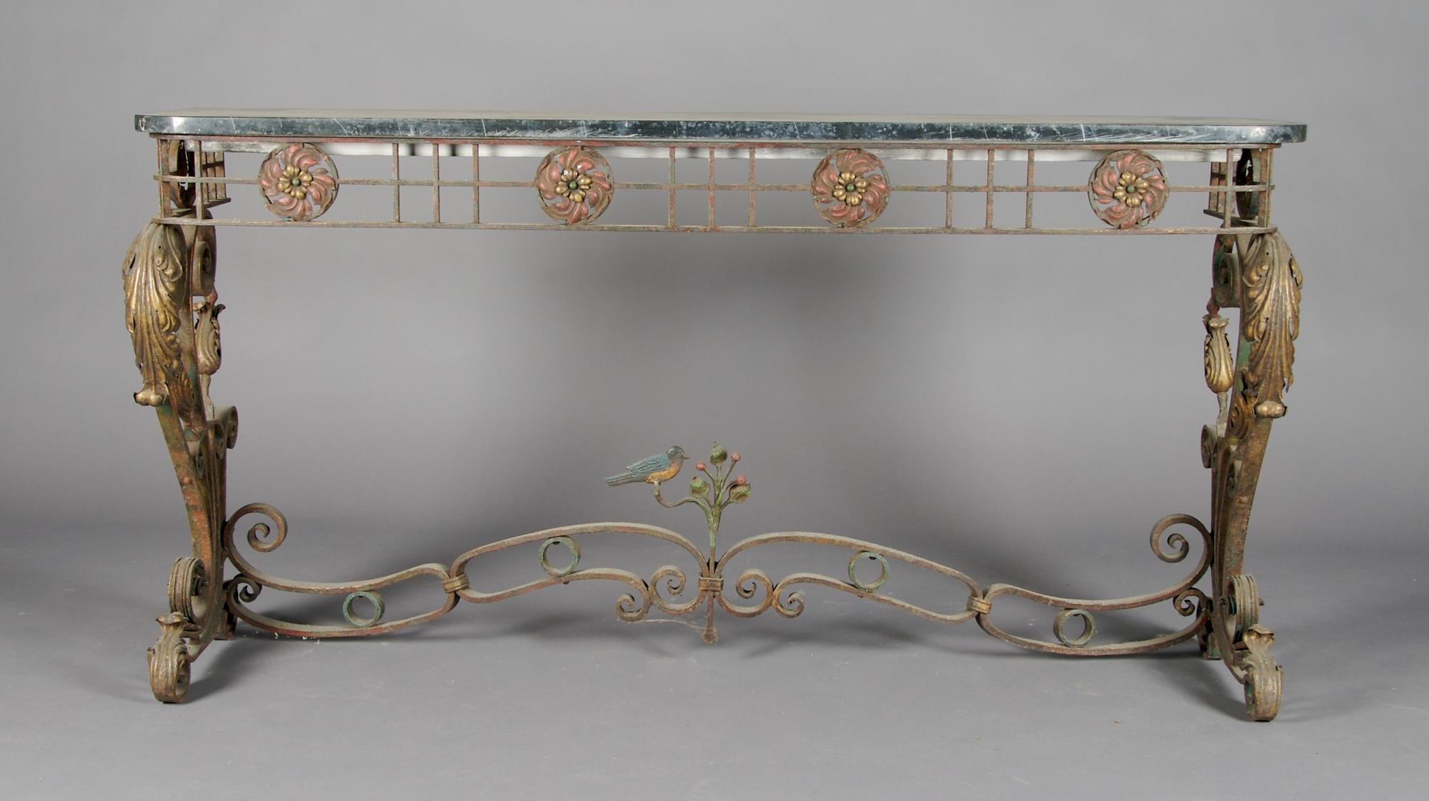 A Wrought Iron and Brass Console Table, Height 54 x width 58 x depth 15 1/2 inches.