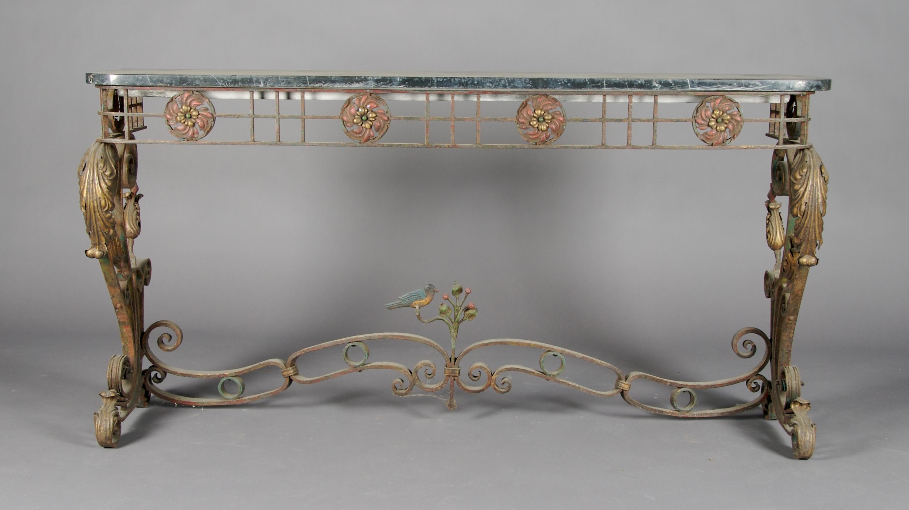 A Wrought Iron and Brass Console Table, Height 54 x width 58 x depth 15 1/2 inches.