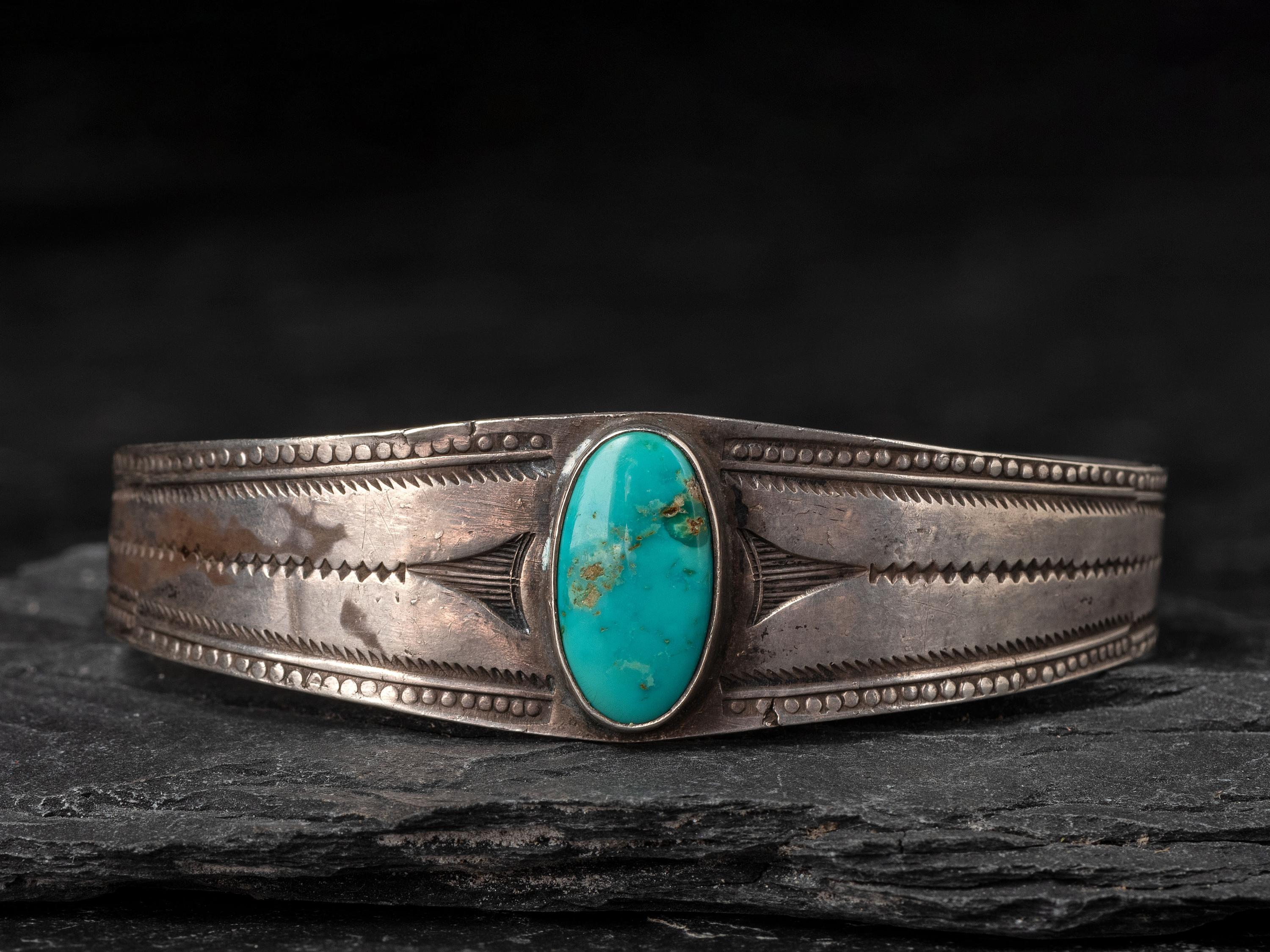 Navajo Silver and Blue Gem Turquoise Cuff Bracelet