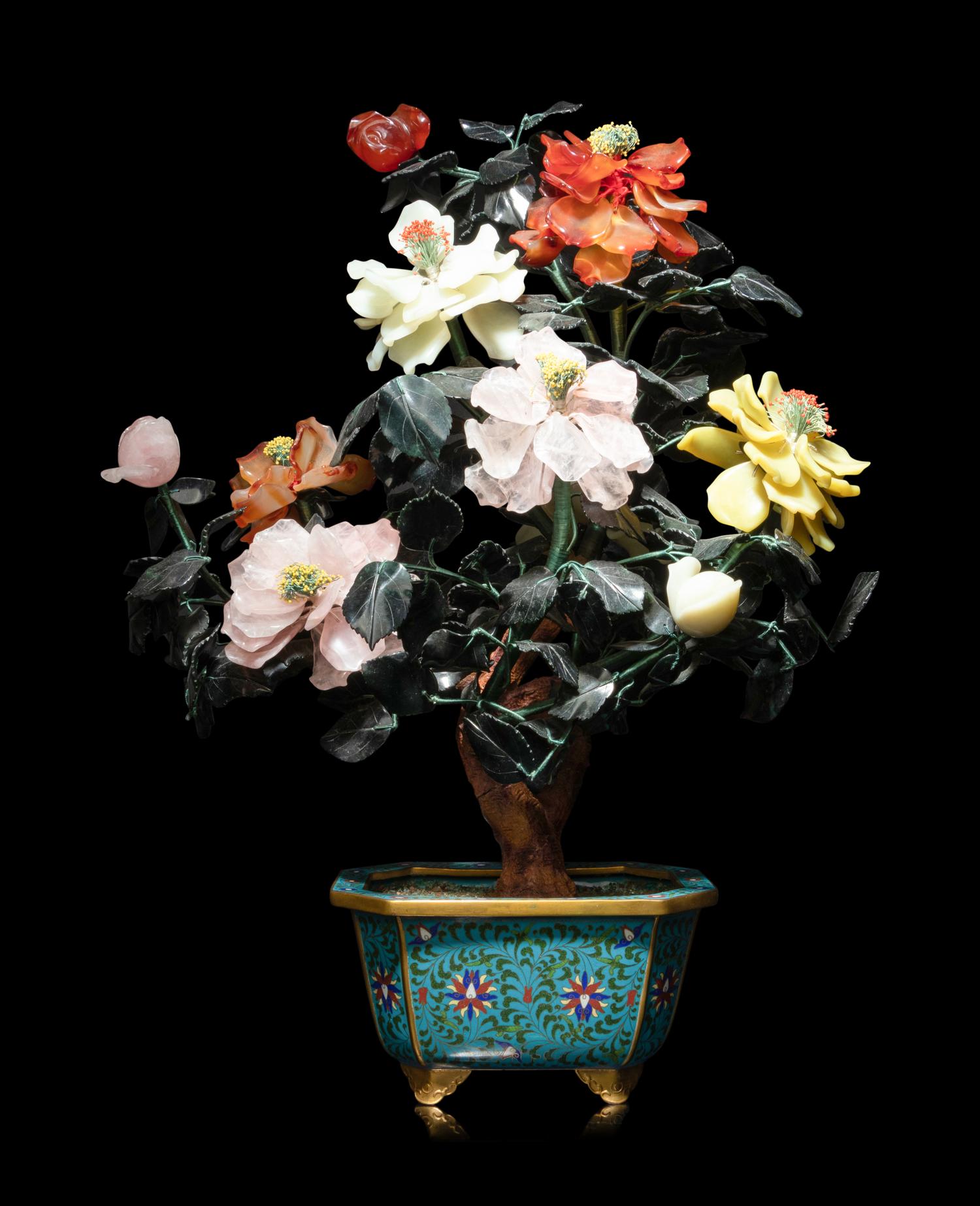 A Chinese Hardstone Peony Tree in A Cloisonné Enamel Jardinière