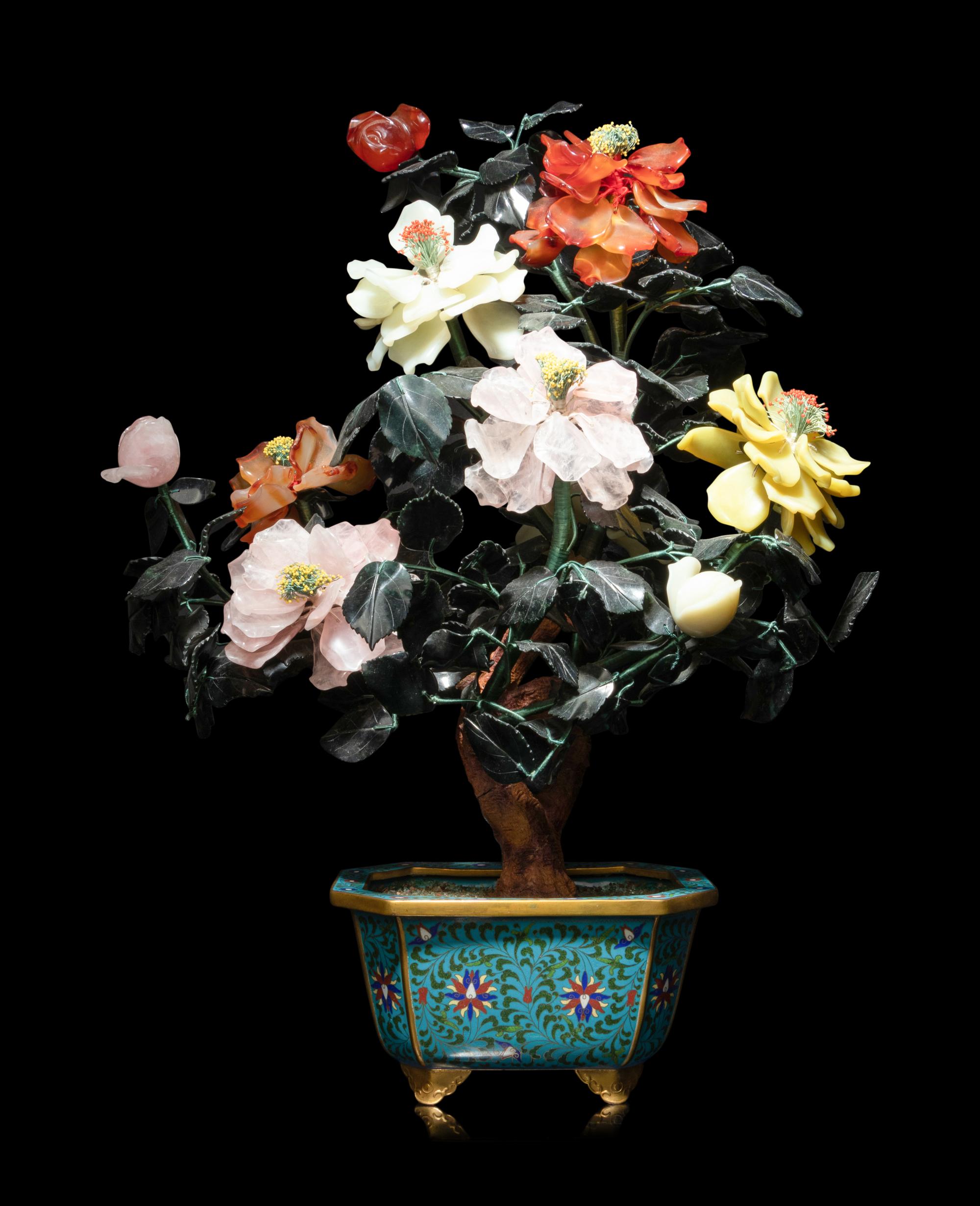 A Chinese Hardstone Peony Tree in A Cloisonné Enamel Jardinière