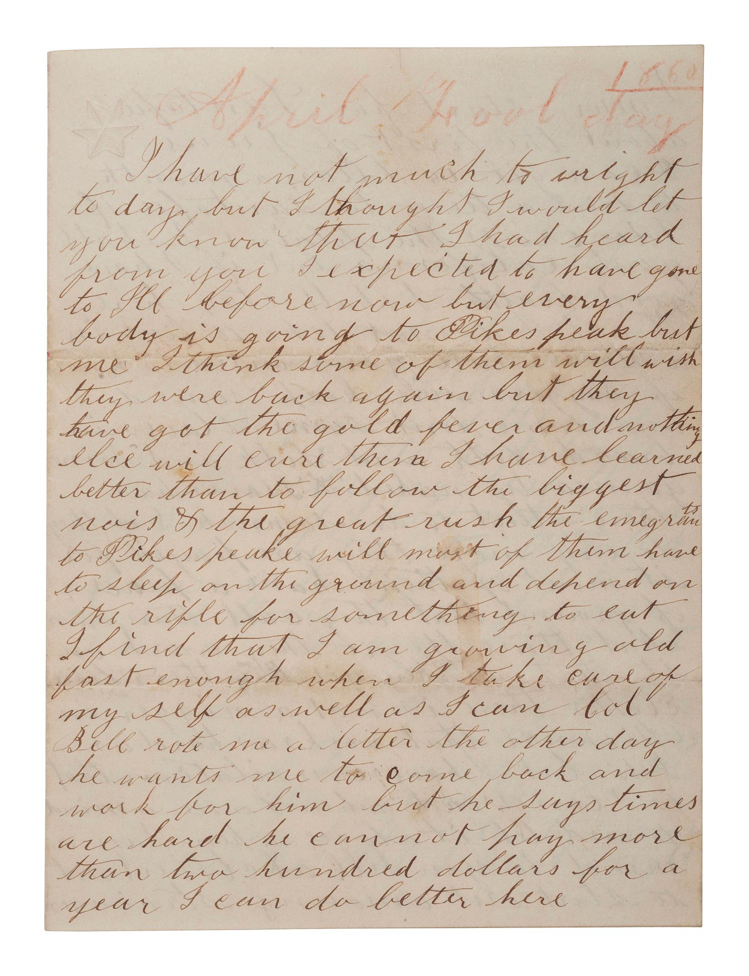[SLAVERY & ABOLITION]. CRAM, Charles H. Autograph letter signed ("Charles M. Cram"). [Missouri], 1 April 1860. Describing life for Black people in Missouri.