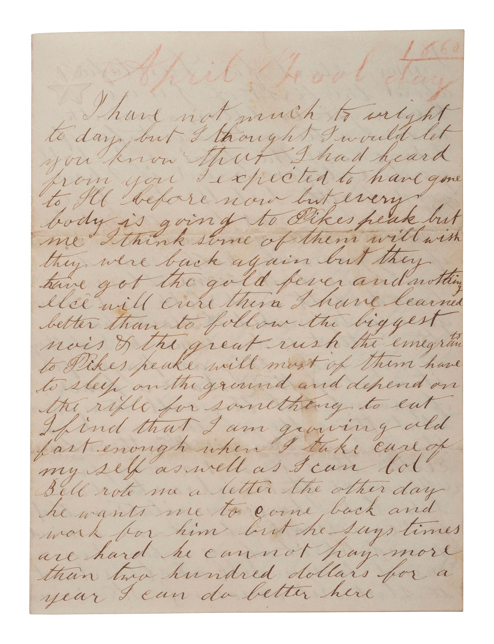 [SLAVERY & ABOLITION]. CRAM, Charles H. Autograph letter signed ("Charles M. Cram"). [Missouri], 1 April 1860. Describing life for Black people in Missouri.