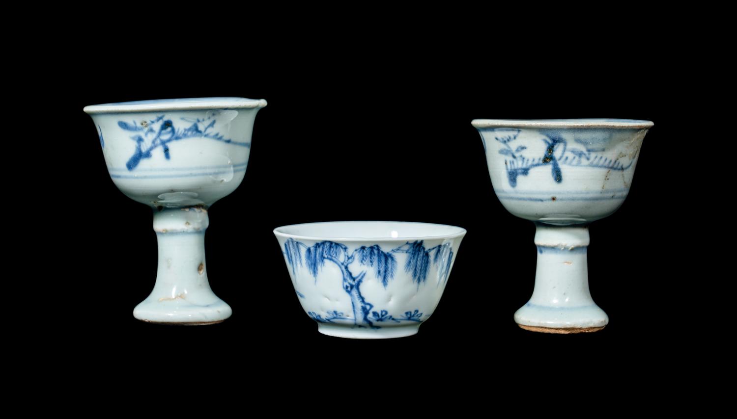 Three Chinese Blue and White Porcelain Cups