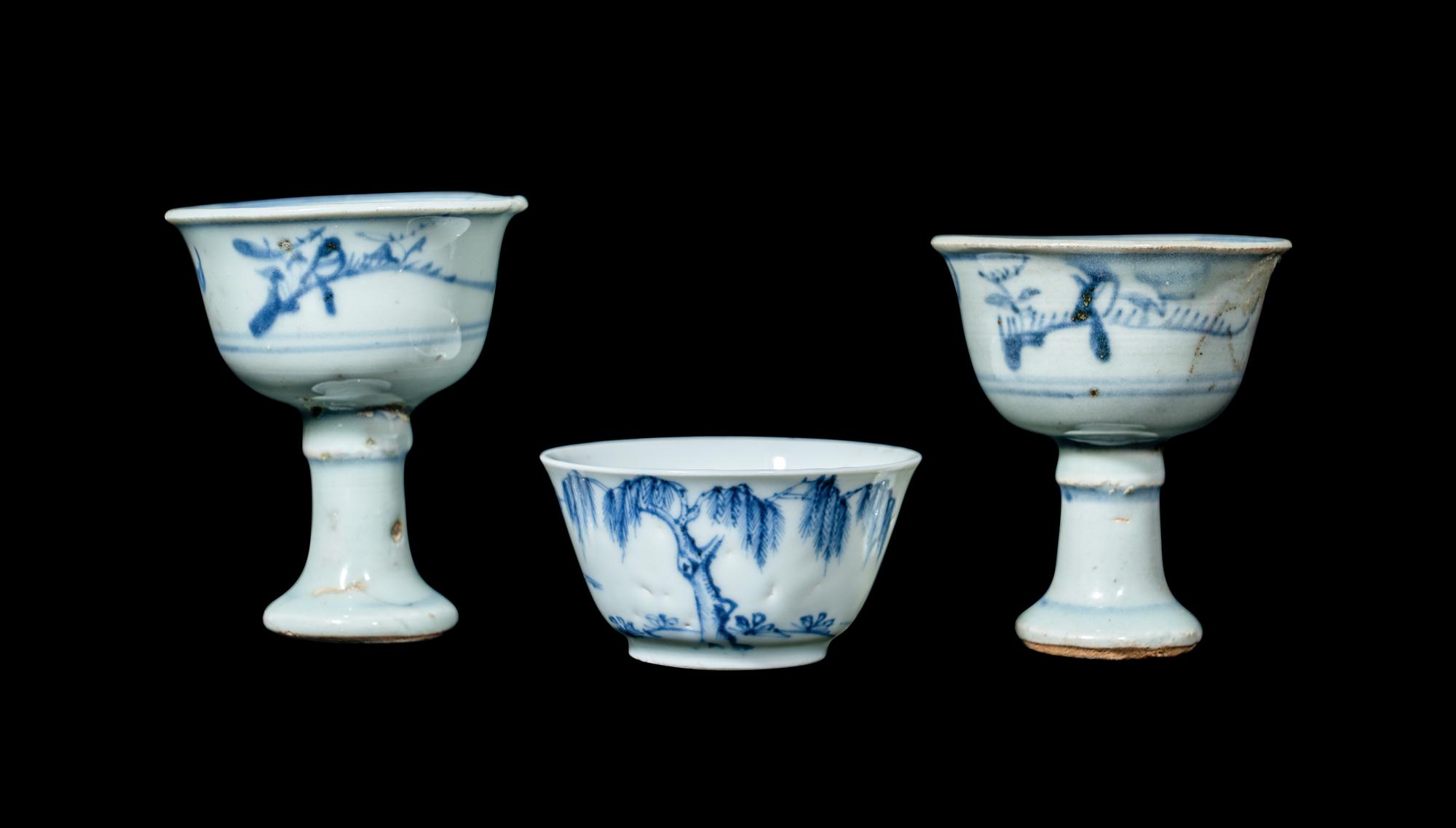 Three Chinese Blue and White Porcelain Cups