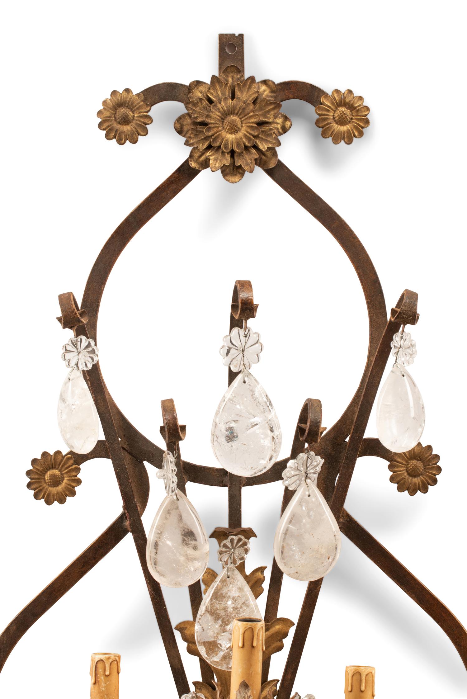 A Pair of Spanish Iron and Rock Crystal Five-Light Sconces